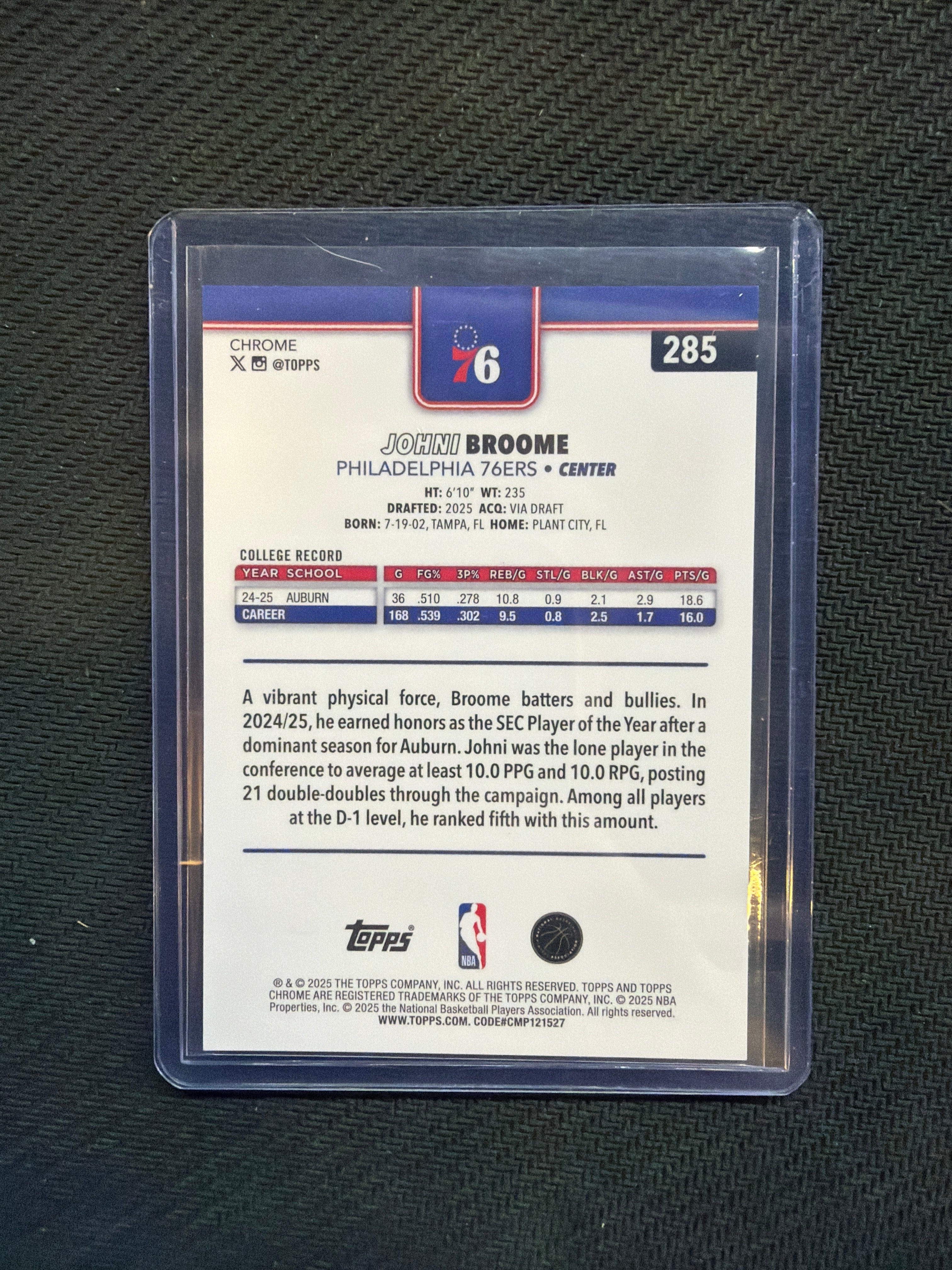 2025-26 Topps Chrome Sapphire Johni Broome Rookie Black /10 Auburn