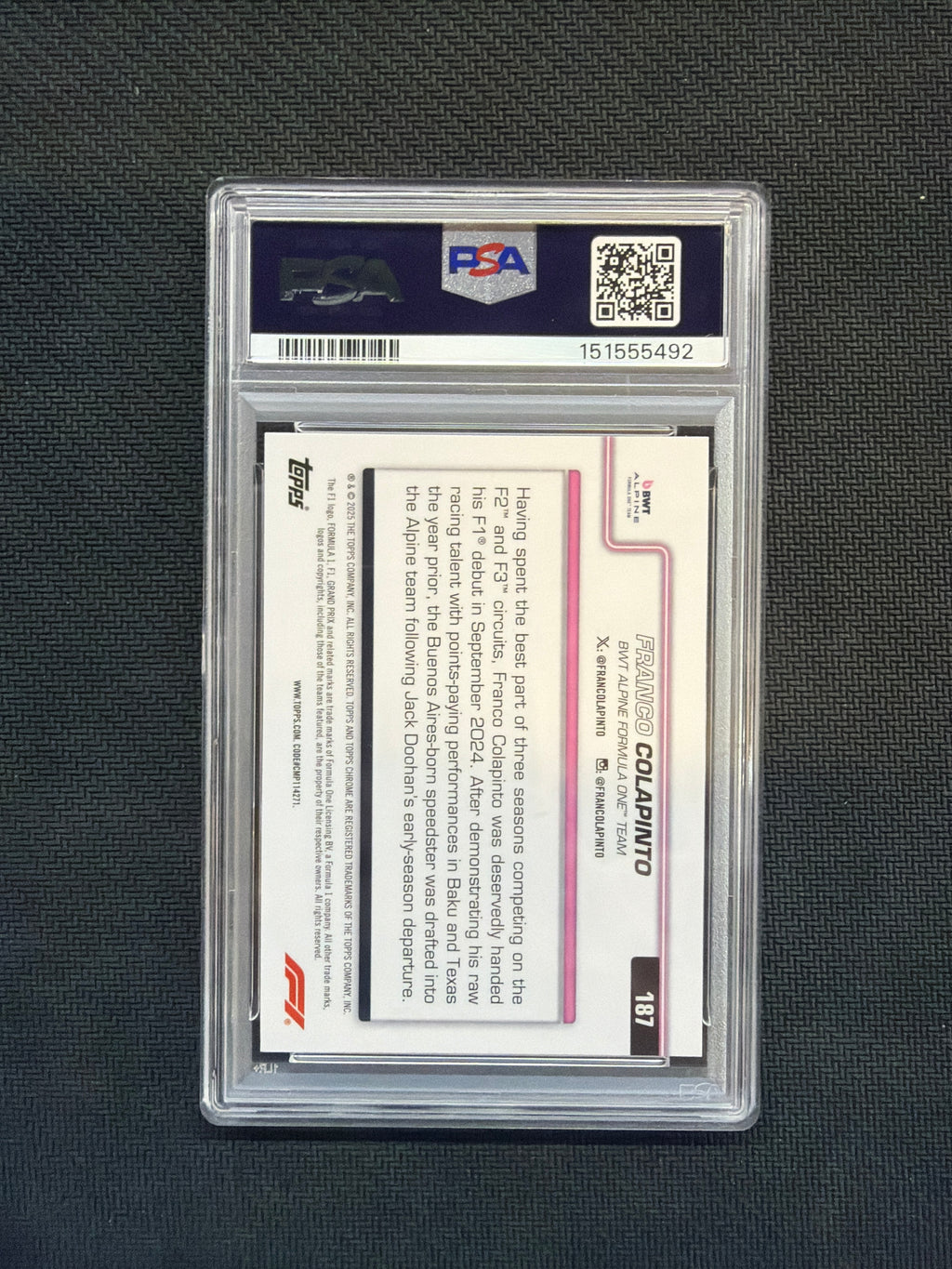 2025 Topps Chrome F1 Franco Colapinto Pink Raywave /250 PSA 10 Alpine