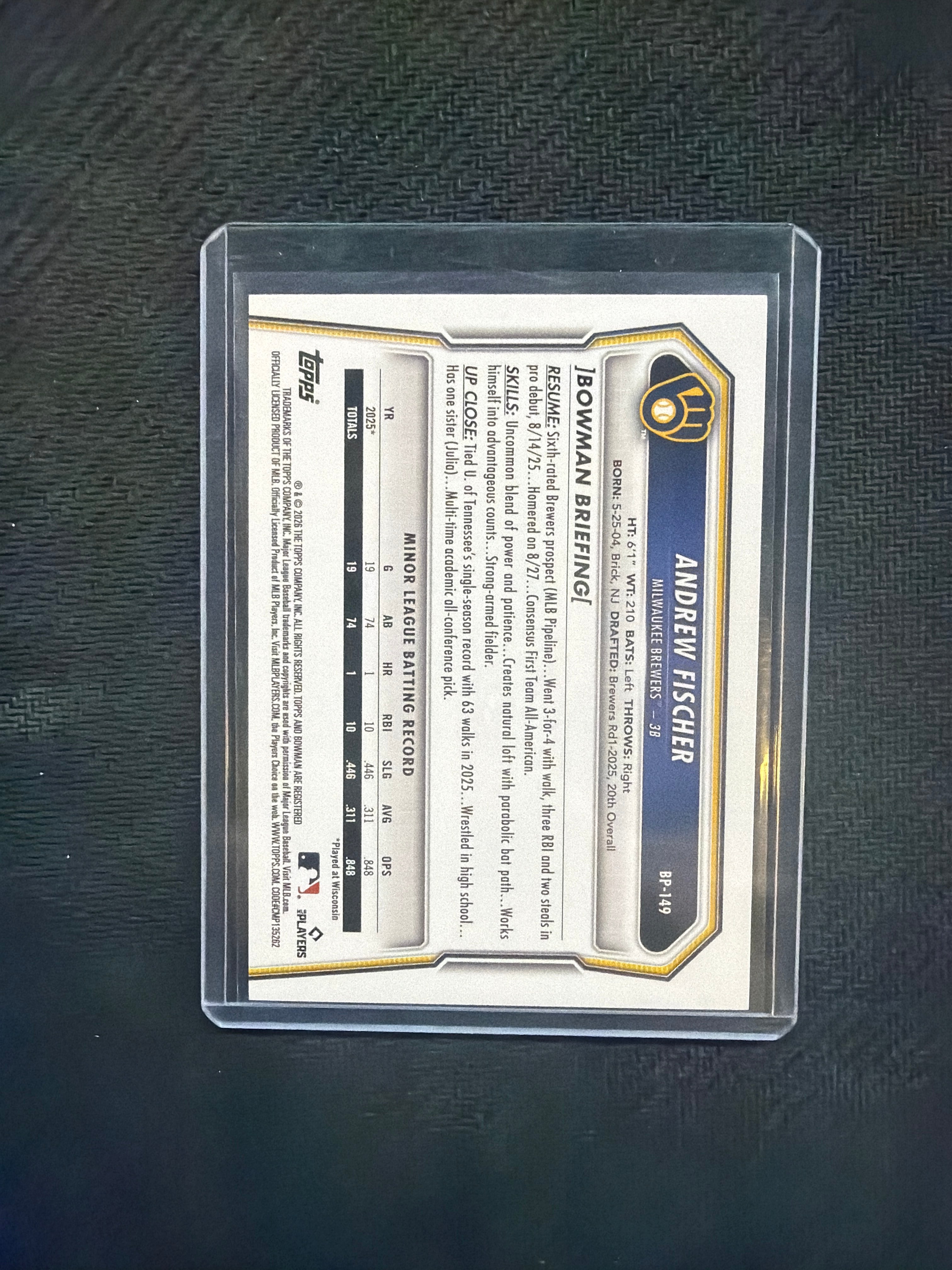 2026 Bowman Andrew Fischer Fuchsia Border 1st Prospect /299 Brewers