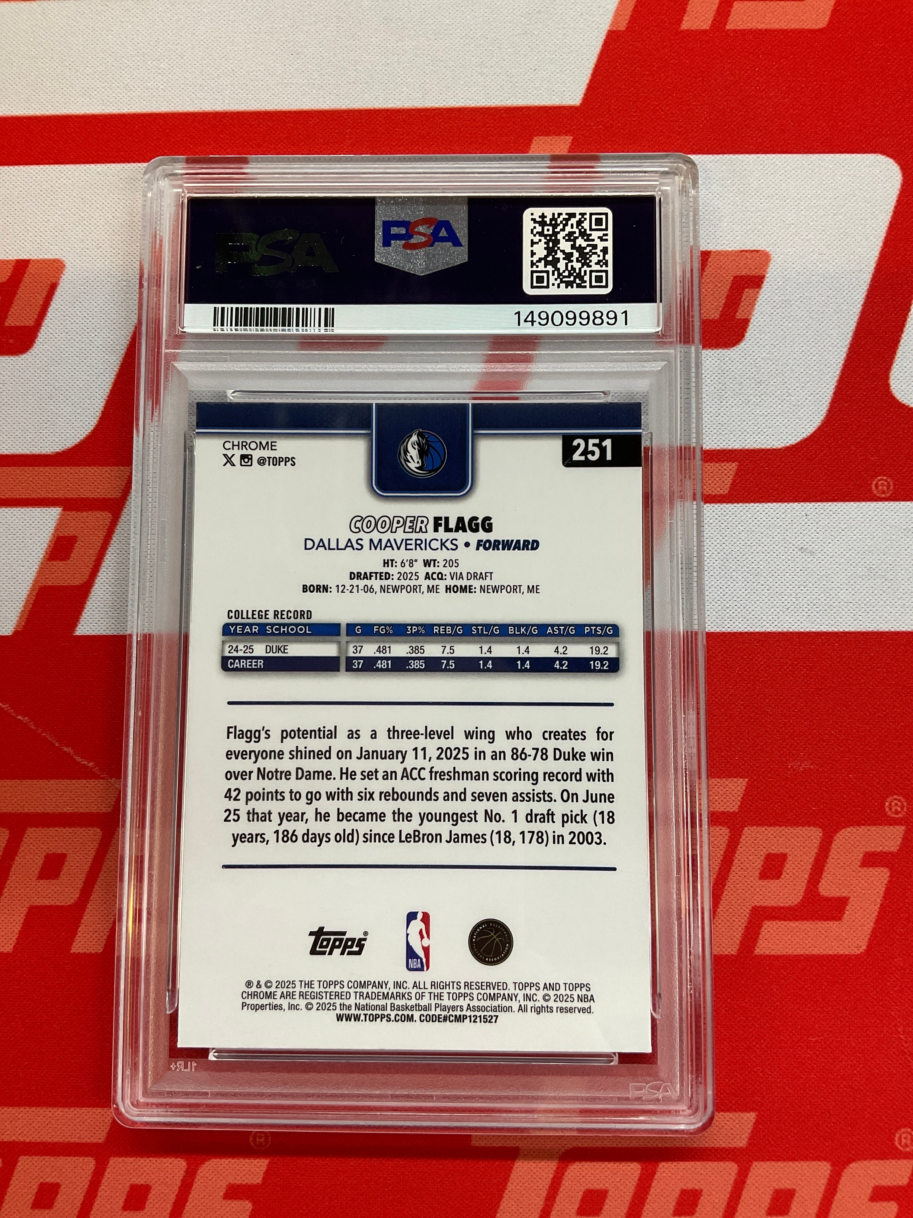 2025-26 Topps Chrome Cooper Flagg Rookie PSA 8 Dallas 891