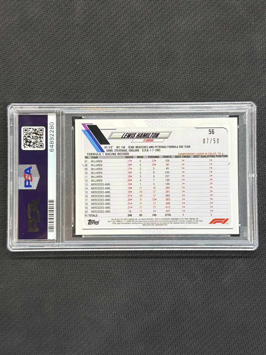 2021 Topps F1 Lewis Hamilton Gold /50 #56 PSA 10 Mercedes