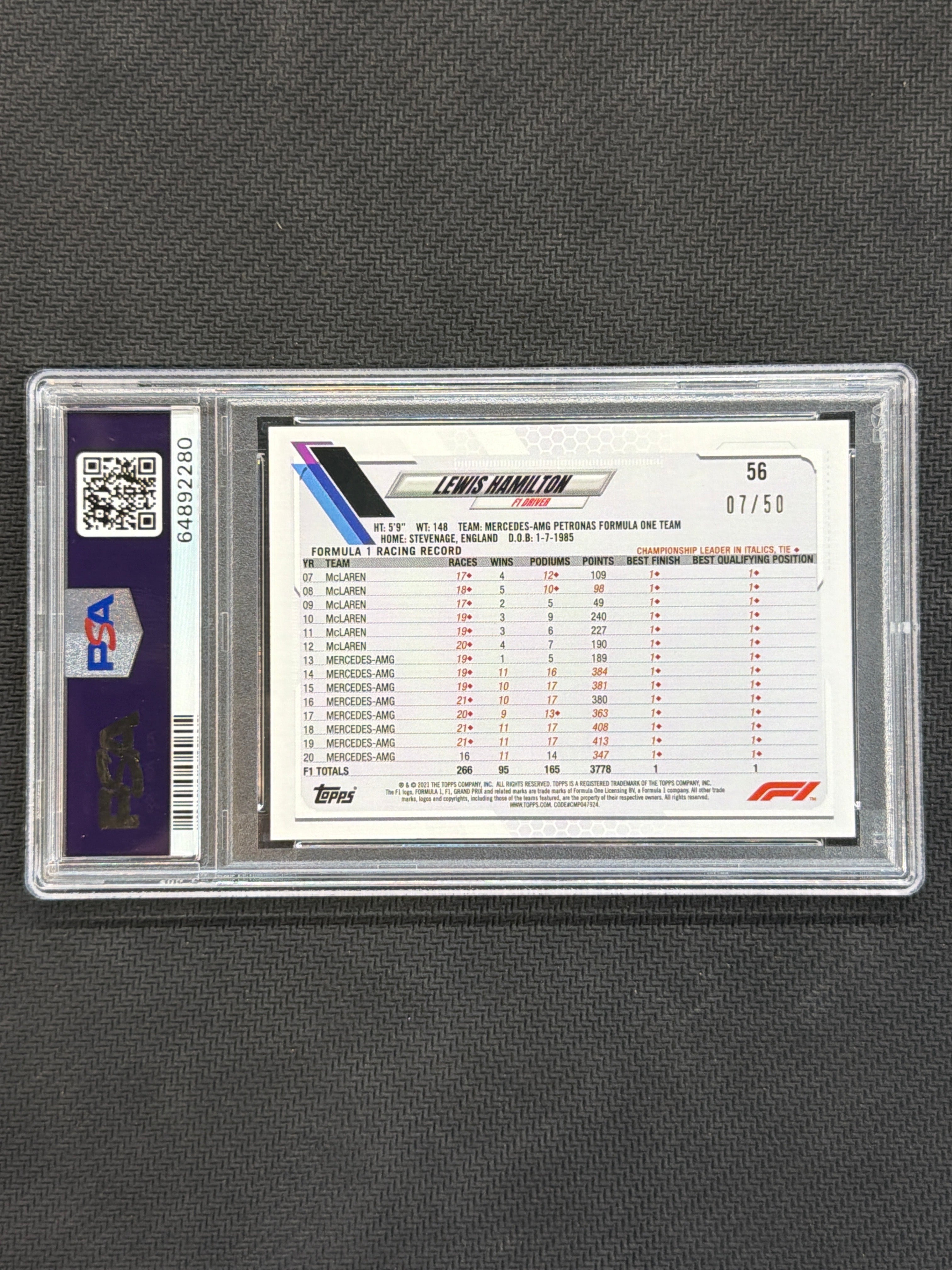 2021 Topps F1 Lewis Hamilton Gold /50 #56 PSA 10 Mercedes