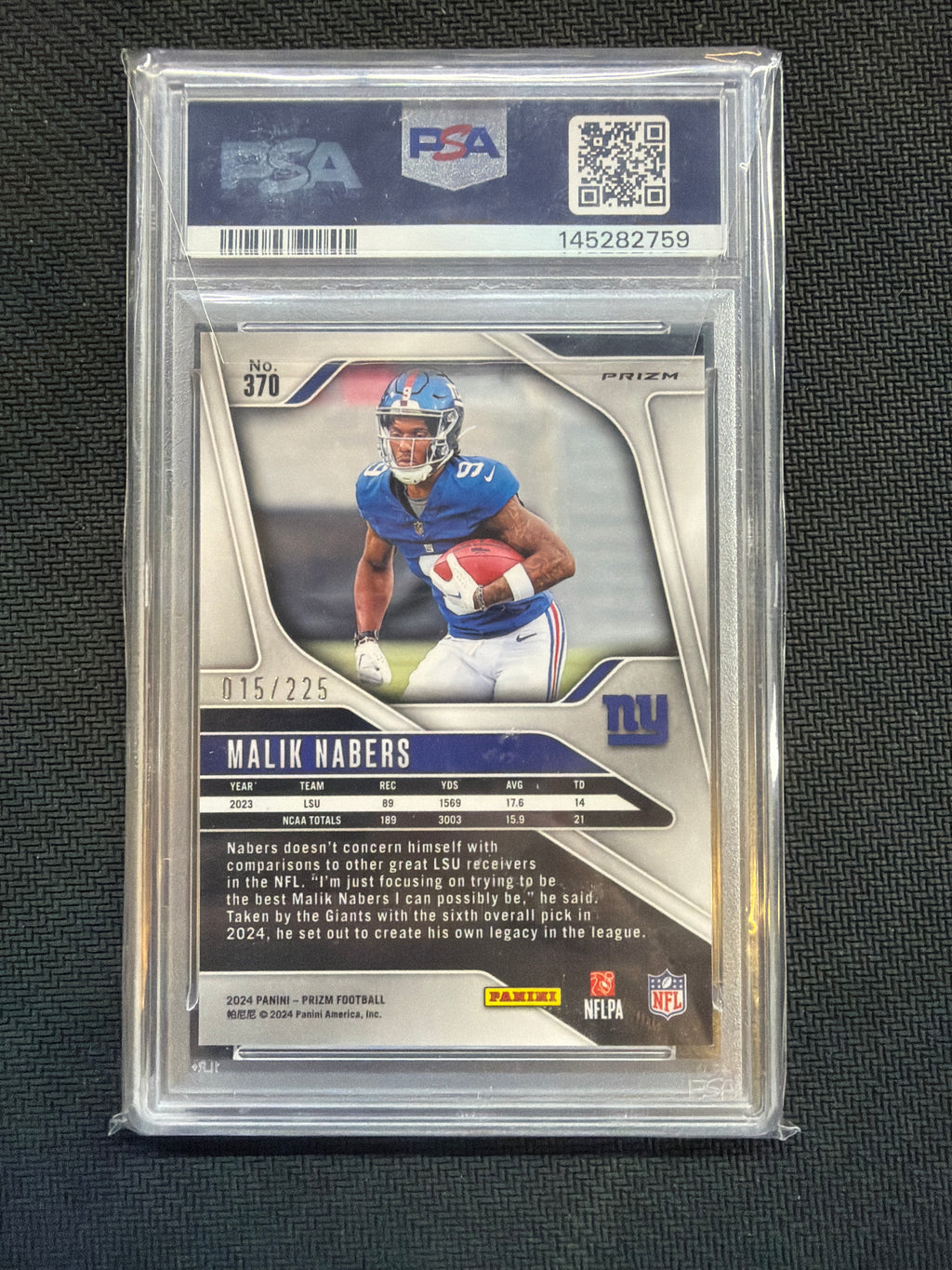 2024 Panini Prizm Malik Nabers Rookie Purple Ice /225 PSA 9 Giants