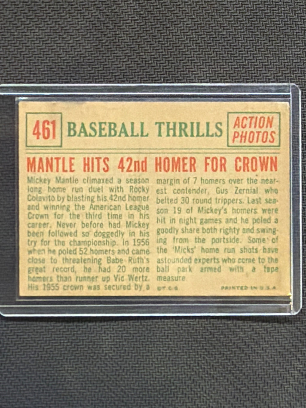 1959 Topps Mantle Hits 42nd Homer For Crown #461 Yankees
