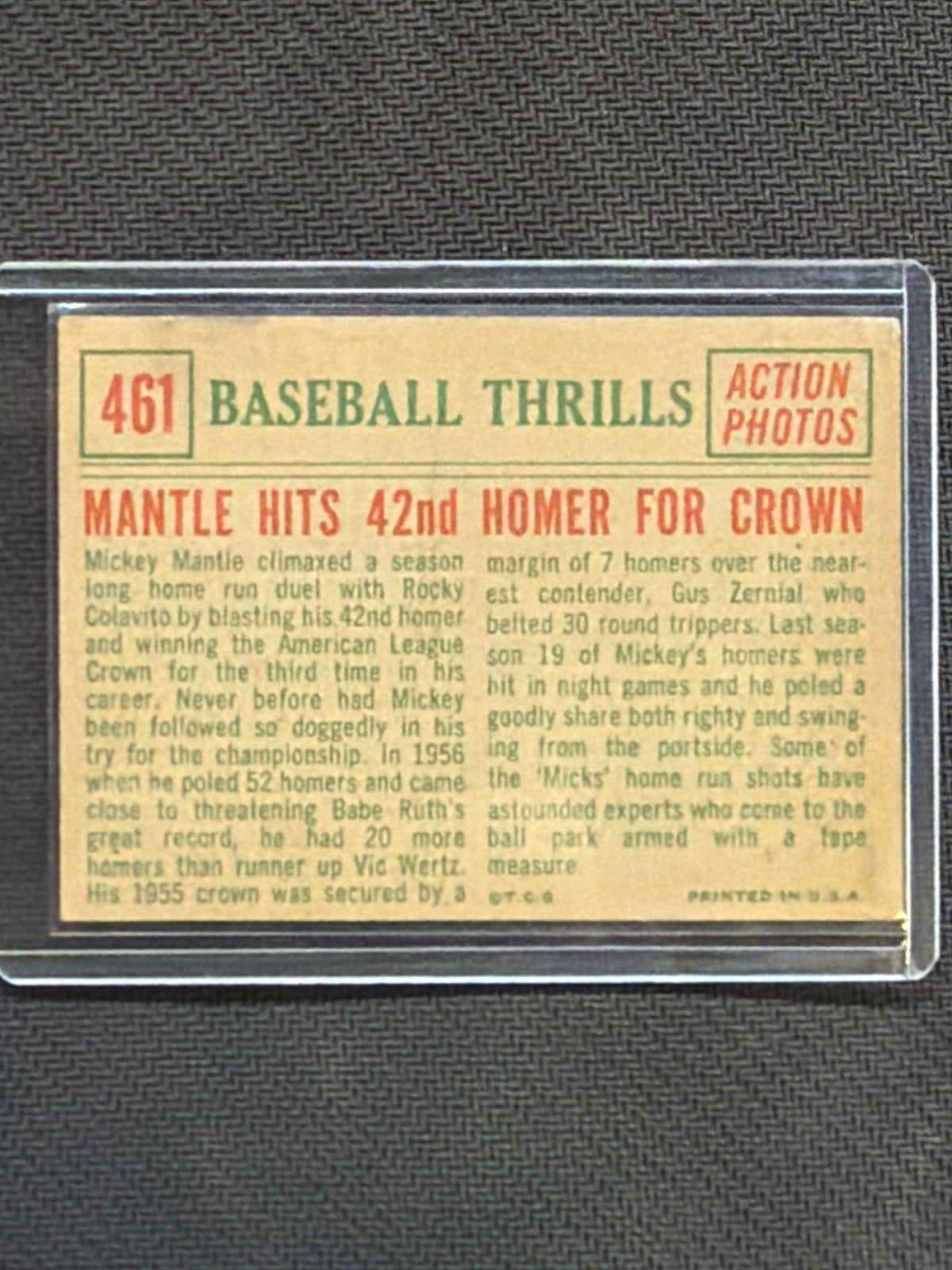 1959 Topps Mantle Hits 42nd Homer For Crown #461 Yankees