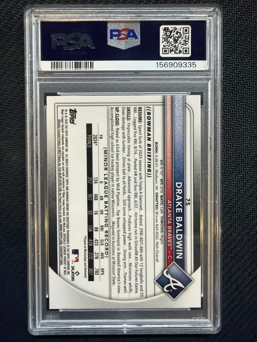 2025 Bowman Chrome Drake Baldwin Pulsar /399 #75 PSA 7 Braves
