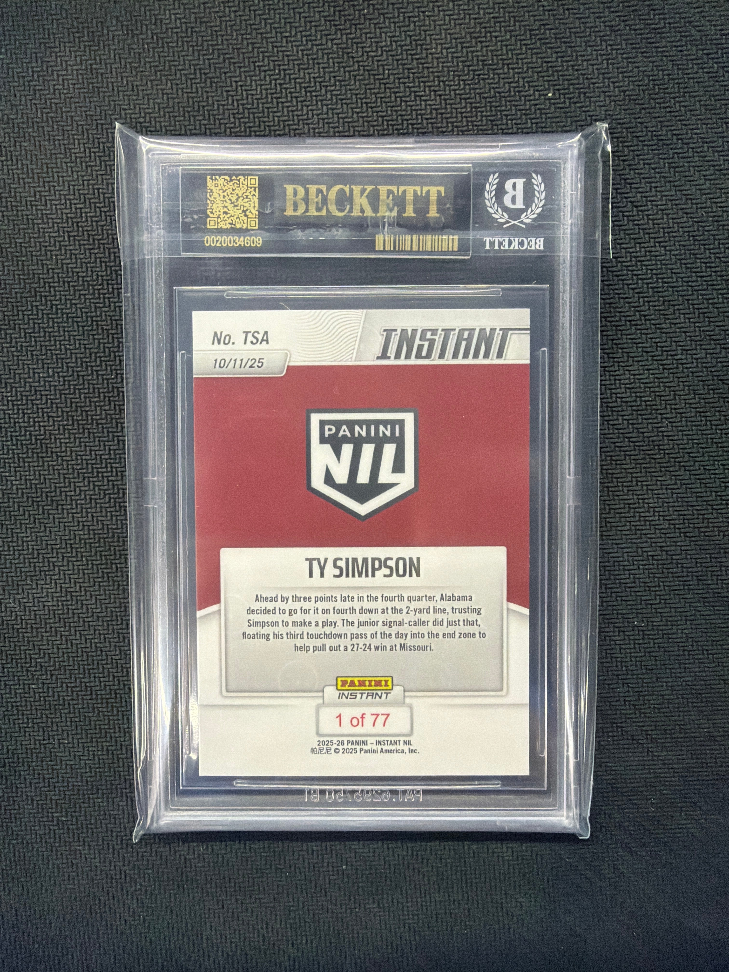 2025 Panini Instant NIL TY Simpson BGS 10 BLACK LABEL 609