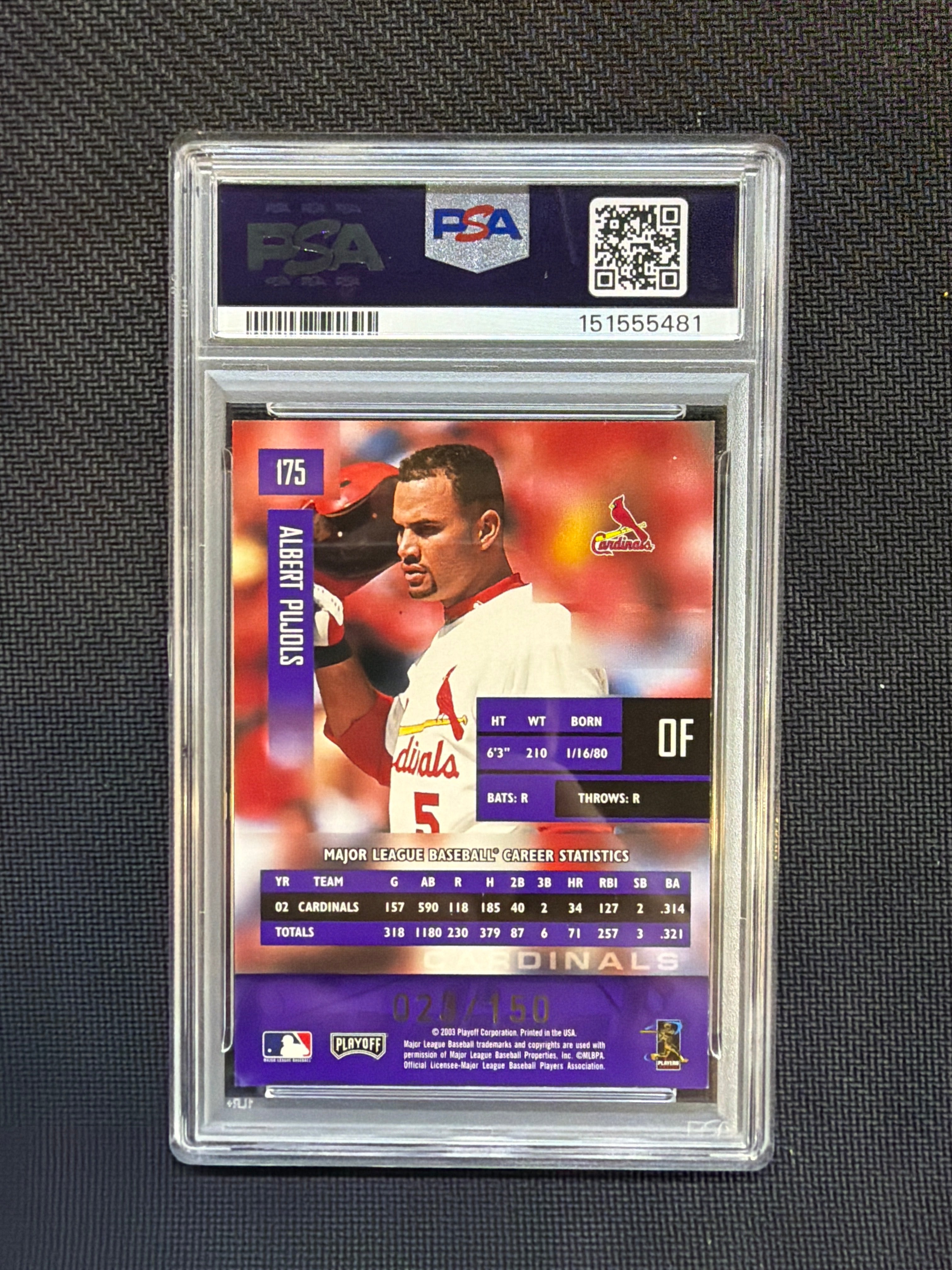 2003 Playoff Prestige Albert Pujols Purple /150 PSA 7 Cardinals