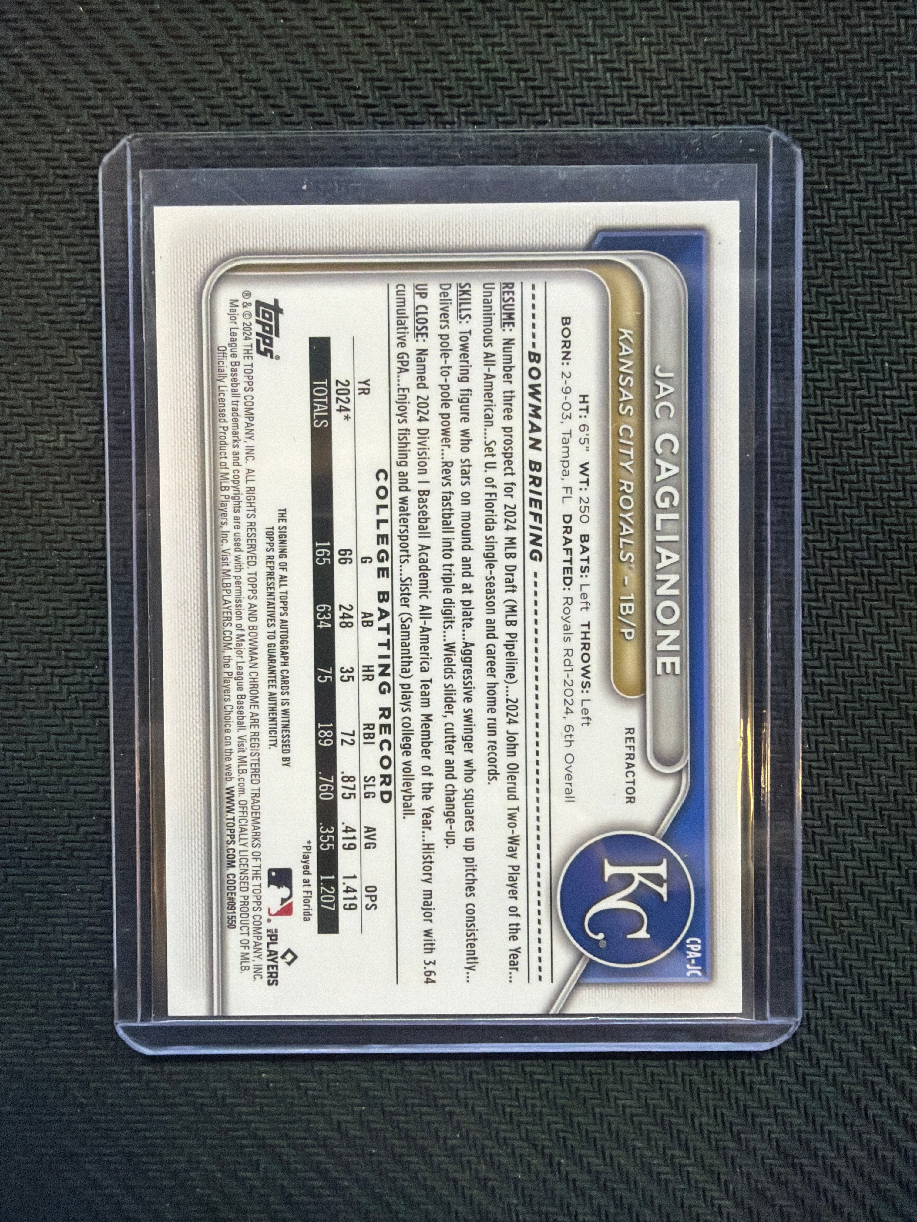 2024 Bowman Chrome Jac Caglianone Refractor 1st Auto /499