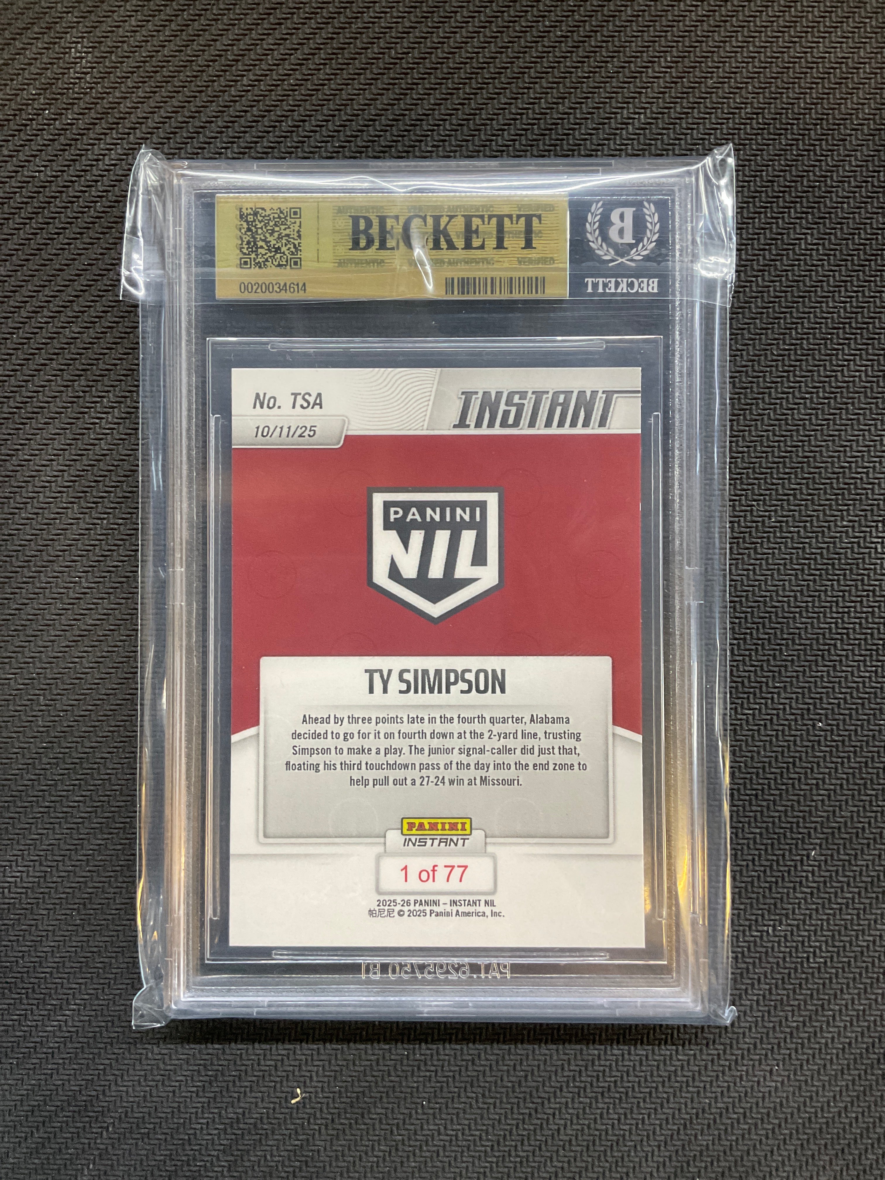 2025 Panini Instant Ty Simpson Rookie /77 Surges BGS 9.5 Alabama