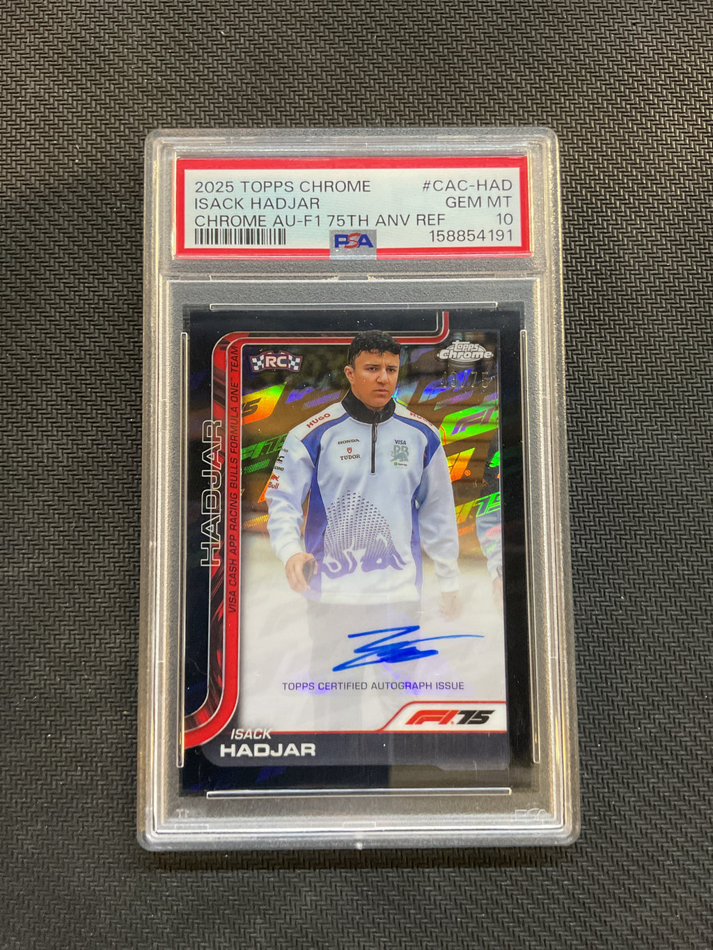 2025 Topps Chrome Isack Hadjar 75th Anniversary Refractor Rookie Auto /75 PSA 10