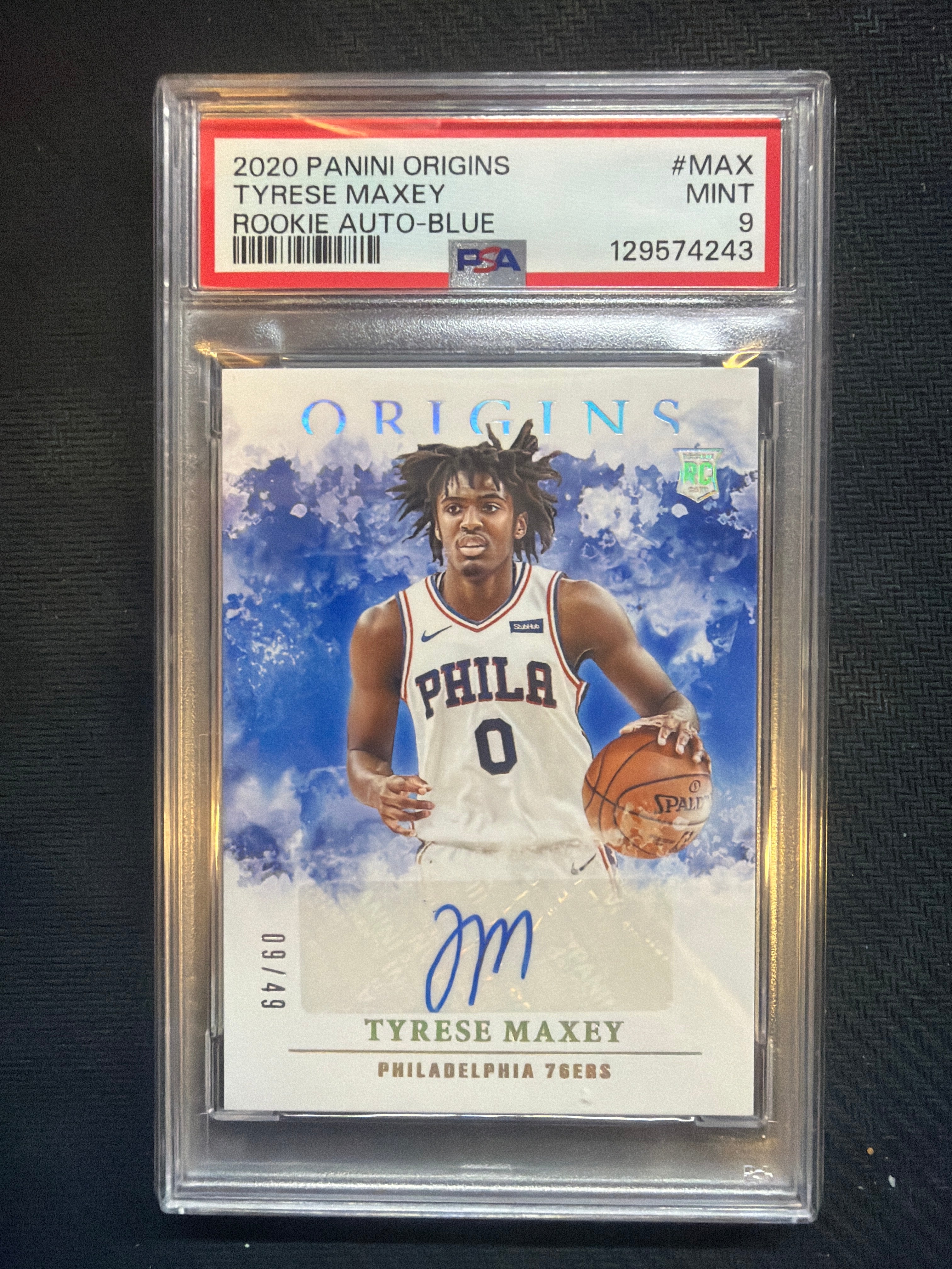 2020 Panini Origins Tyrese Maxey Rookie Auto Blue /49 PSA 9