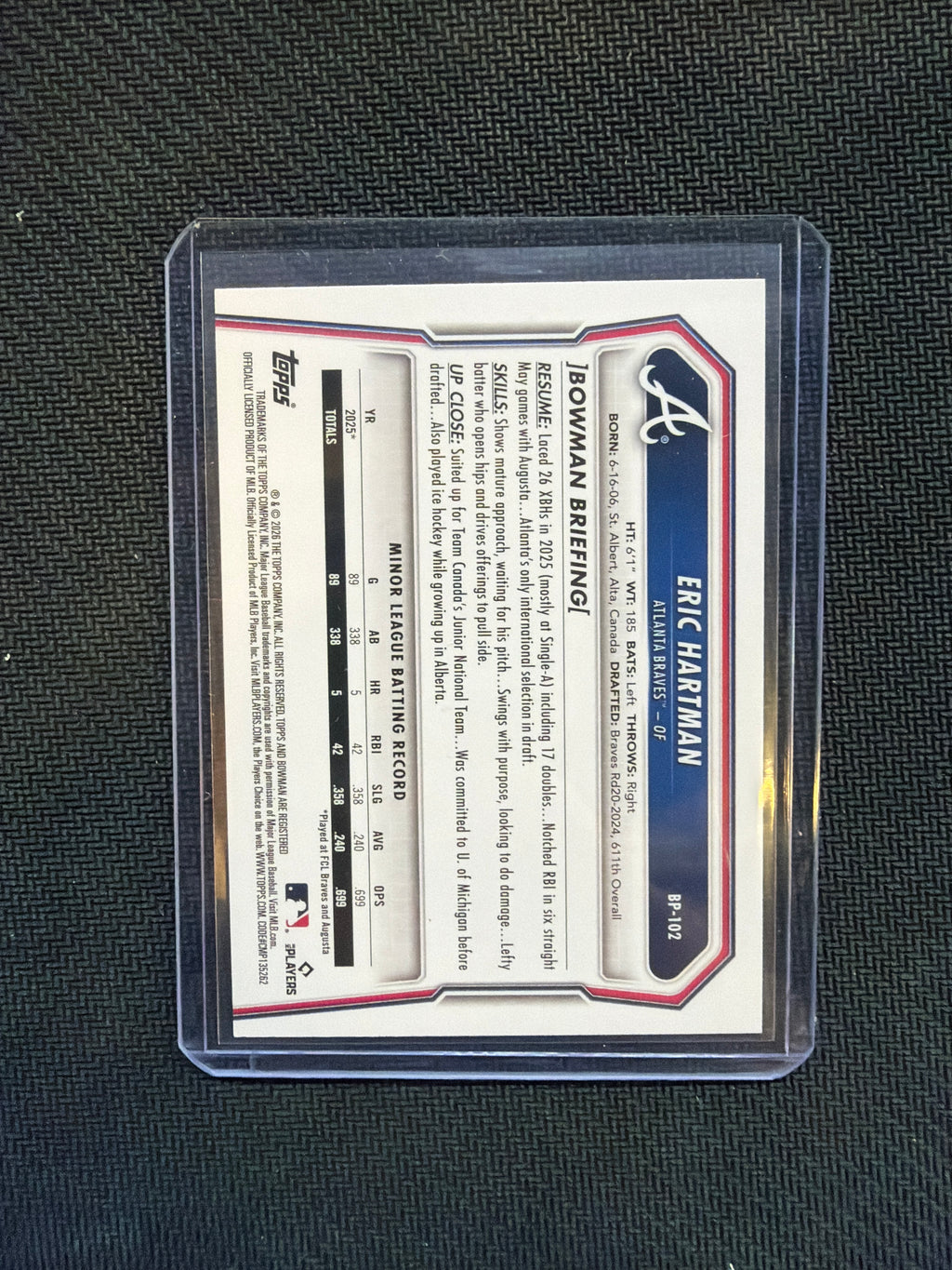 2026 Bowman Eric Hartman Blue /150 Paper Braves