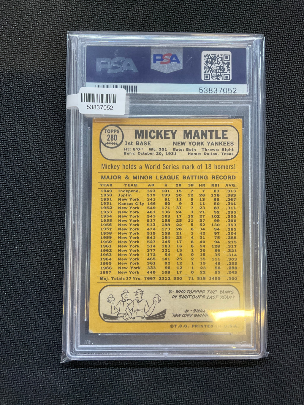1968 Topps Mickey Mantle PSA 4 Yankees