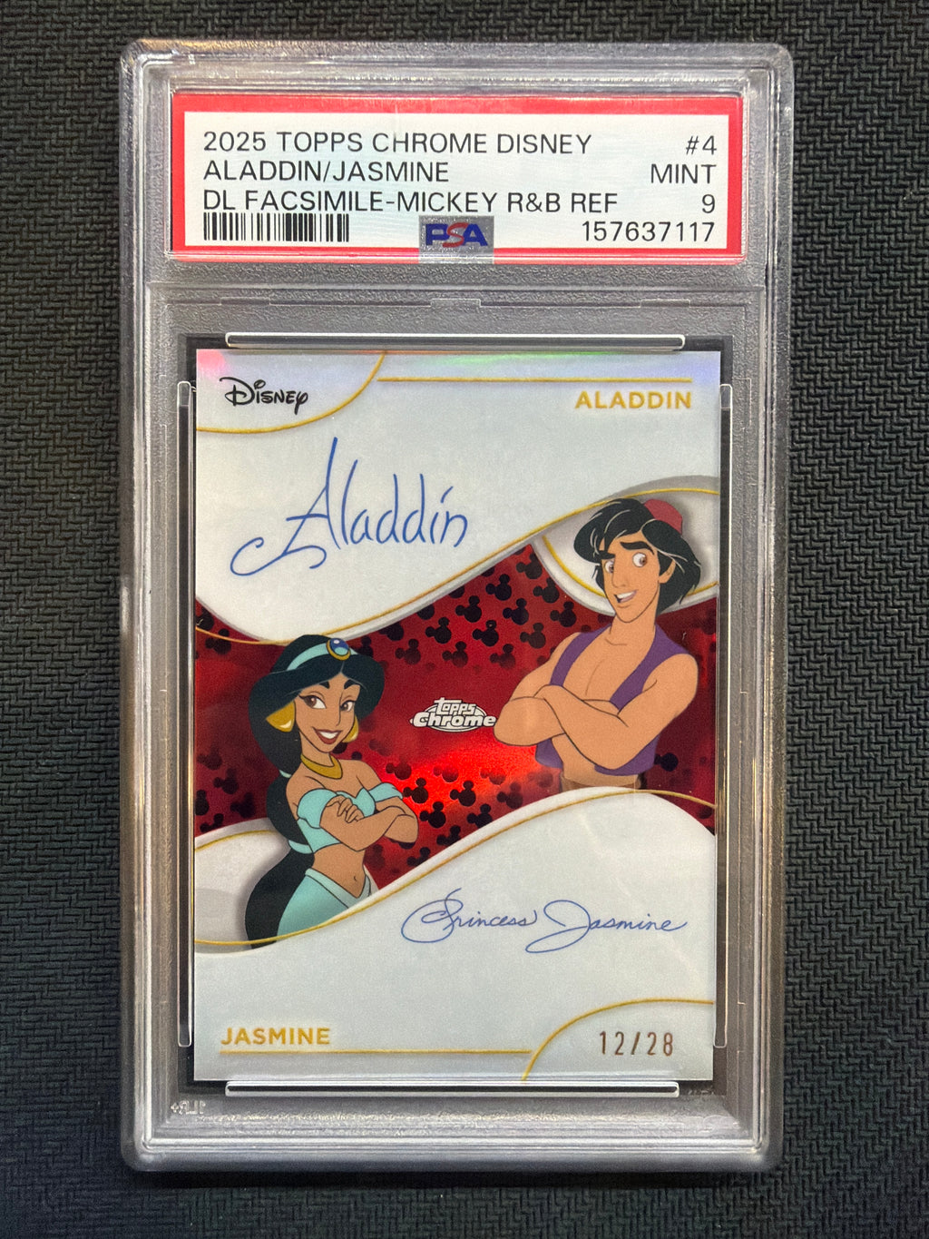 2025 Topps Chrome Disney Aladdin Jasmine Dual Facsimile Mickey R&B /28 PSA 9