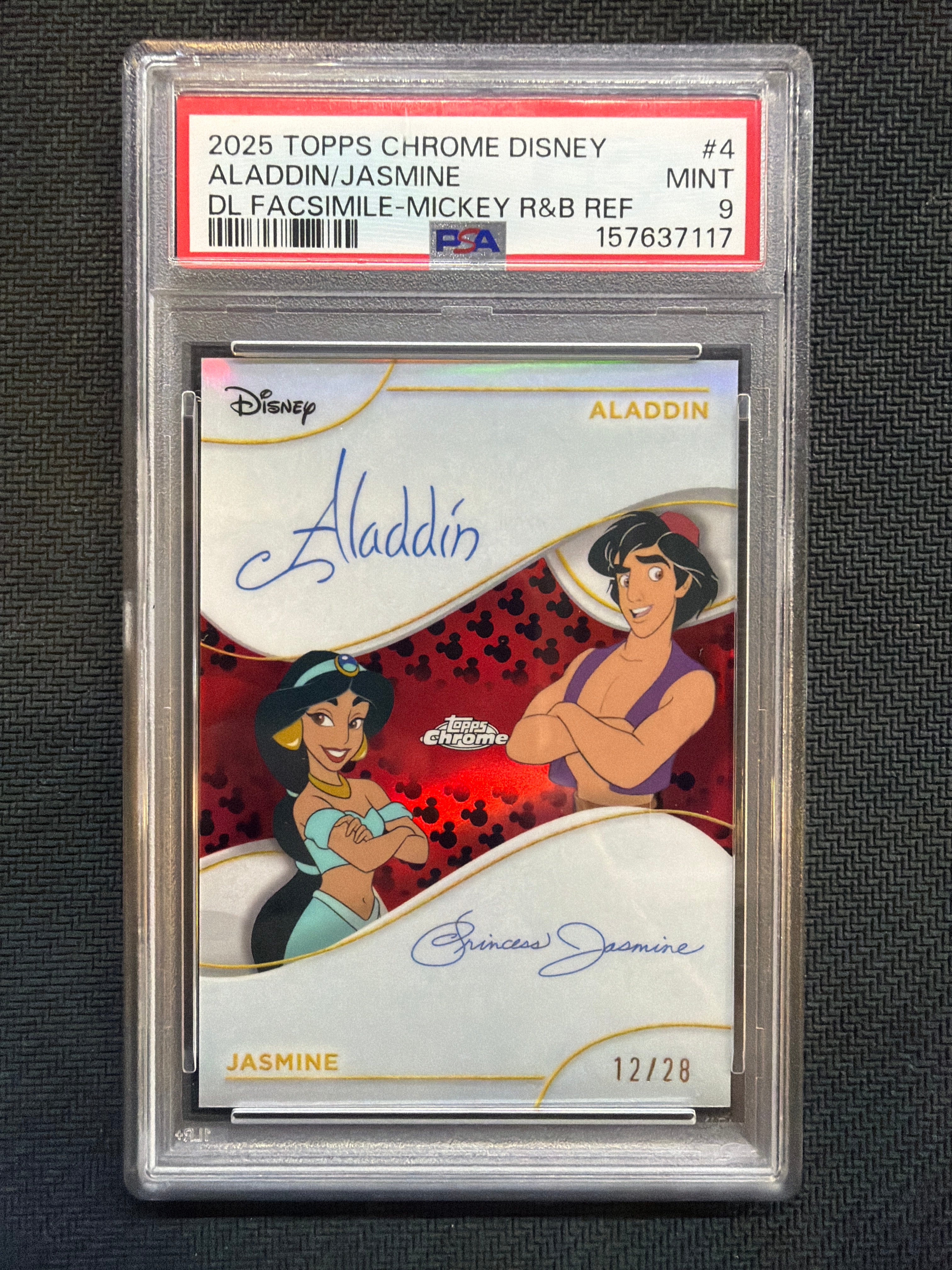2025 Topps Chrome Disney Aladdin Jasmine Dual Facsimile Mickey R&B /28 PSA 9