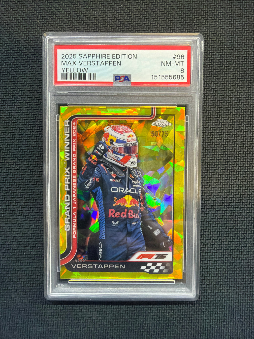 2025 Topps Chrome F1 Sapphire Max Verstappen Yellow /75 PSA 8