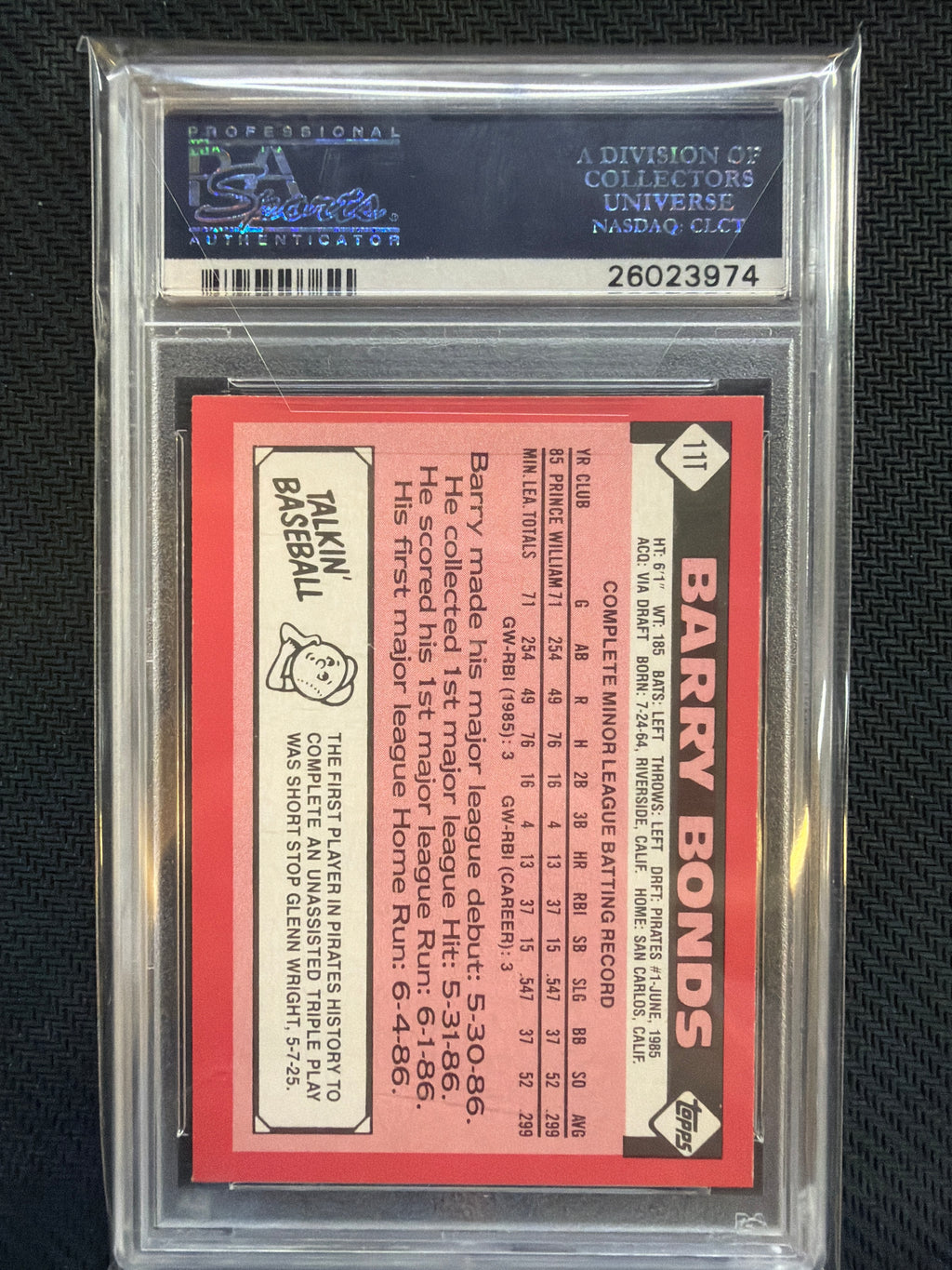 1986 Topps Traded Barry Bonds Tiffany #11T PSA 9 Pirates