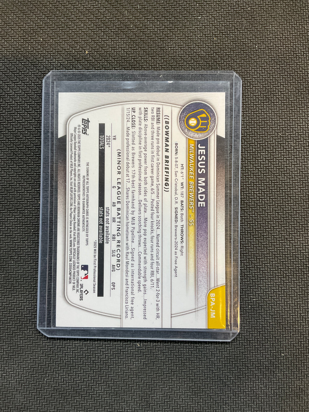 2025 Bowman Jesus Made 1st Bowman Paper Purple Auto /250 Brewers