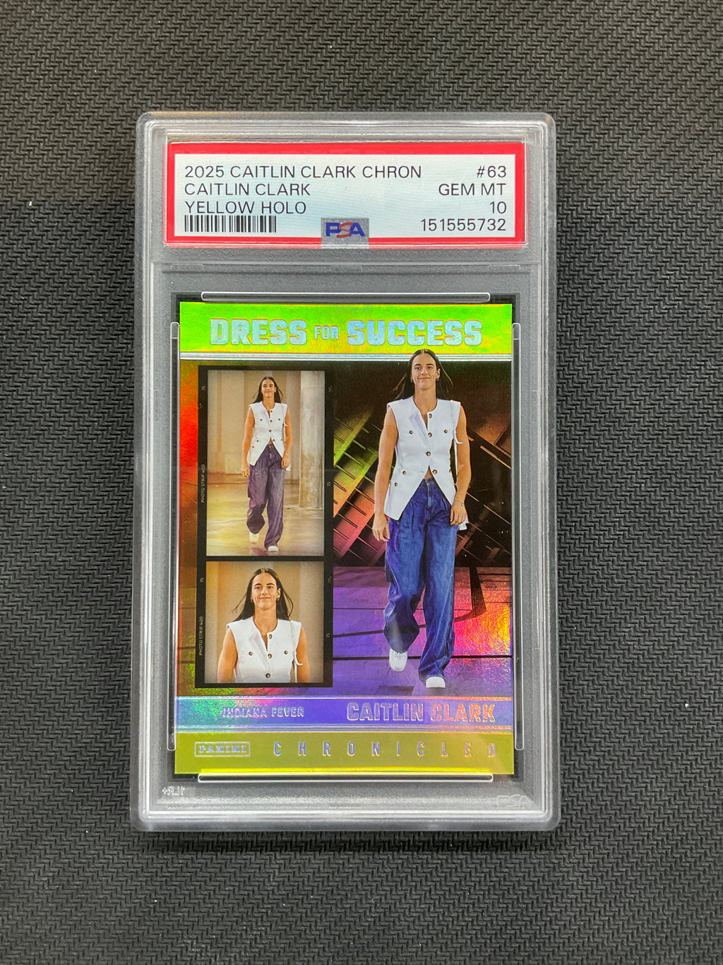 2025 Panini Caitlin Clark Chronicles Yellow Holo Dress For Success PSA 10