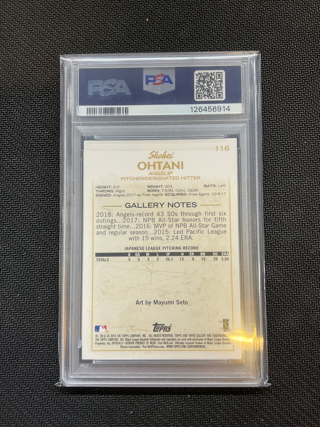 2018 Topps Gallery Shohei Ohtani Rookie PSA 10 Angels