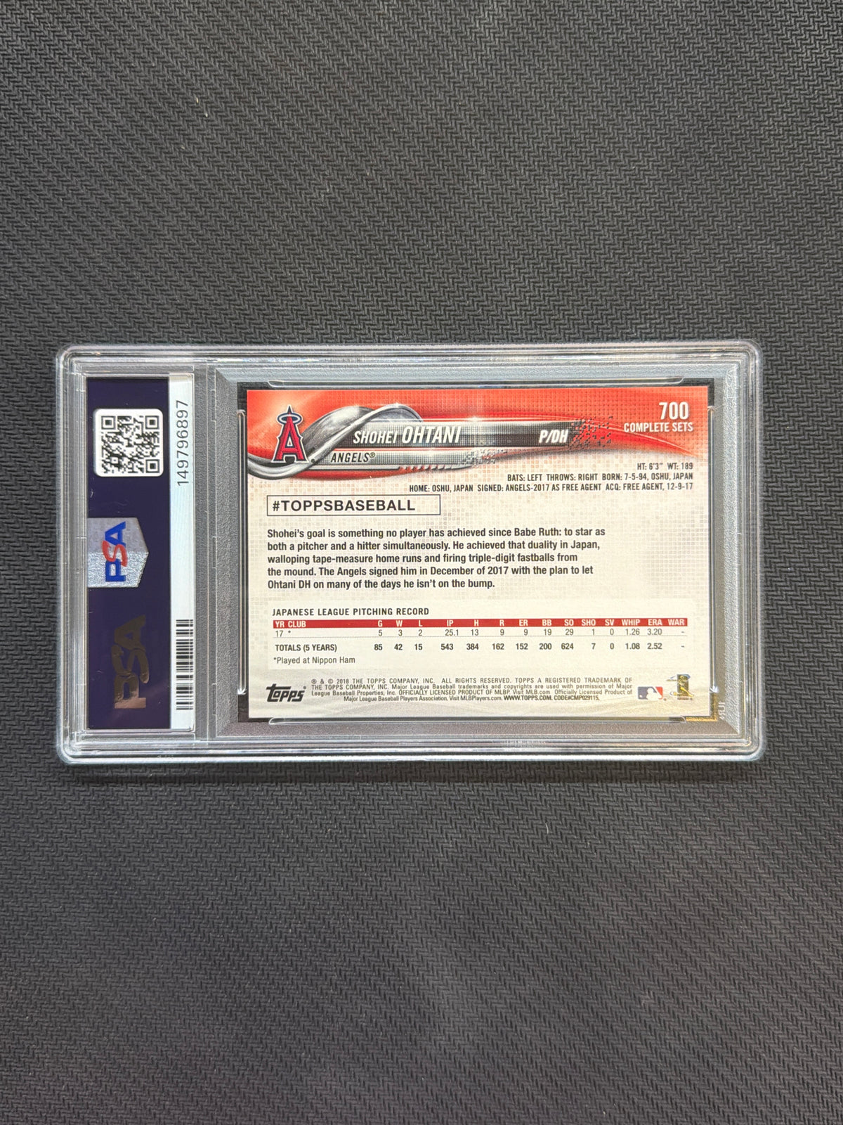 2018 Topps Complete Set Shohei Ohtani Retail #700 Rookie PSA 10 897