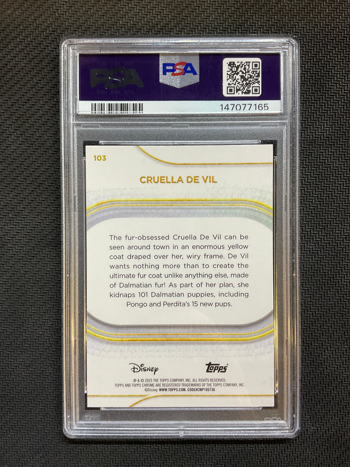 2025 Topps Chrome Disney Sapphire Cruella De Vil PSA 10 165