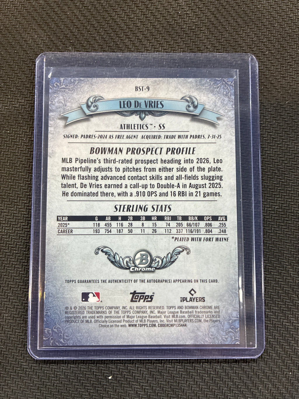 2026 Bowman Sterling Leo De Vries Refractor Auto /150 Athletics
