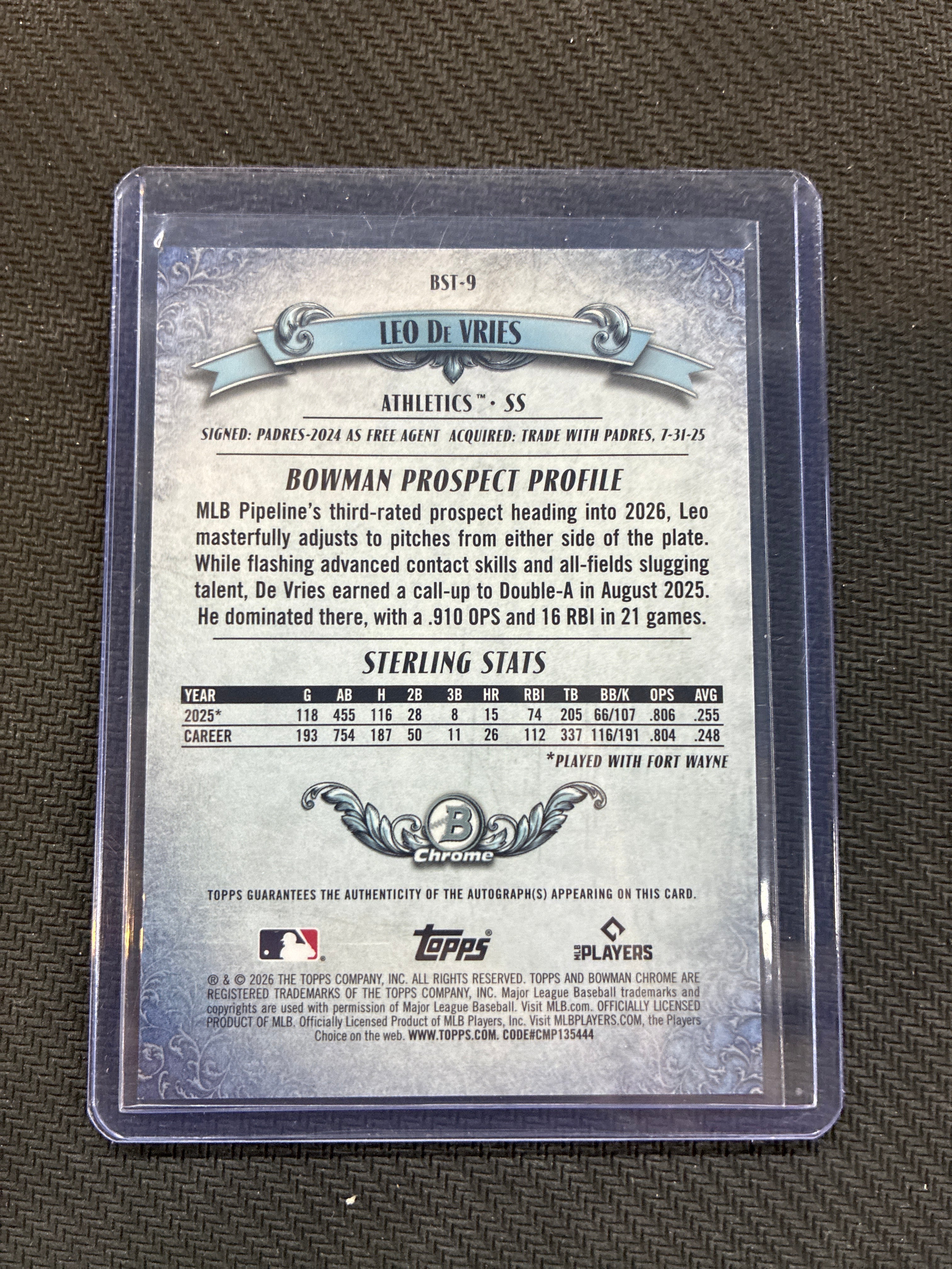 2026 Bowman Sterling Leo De Vries Refractor Auto /150 Athletics