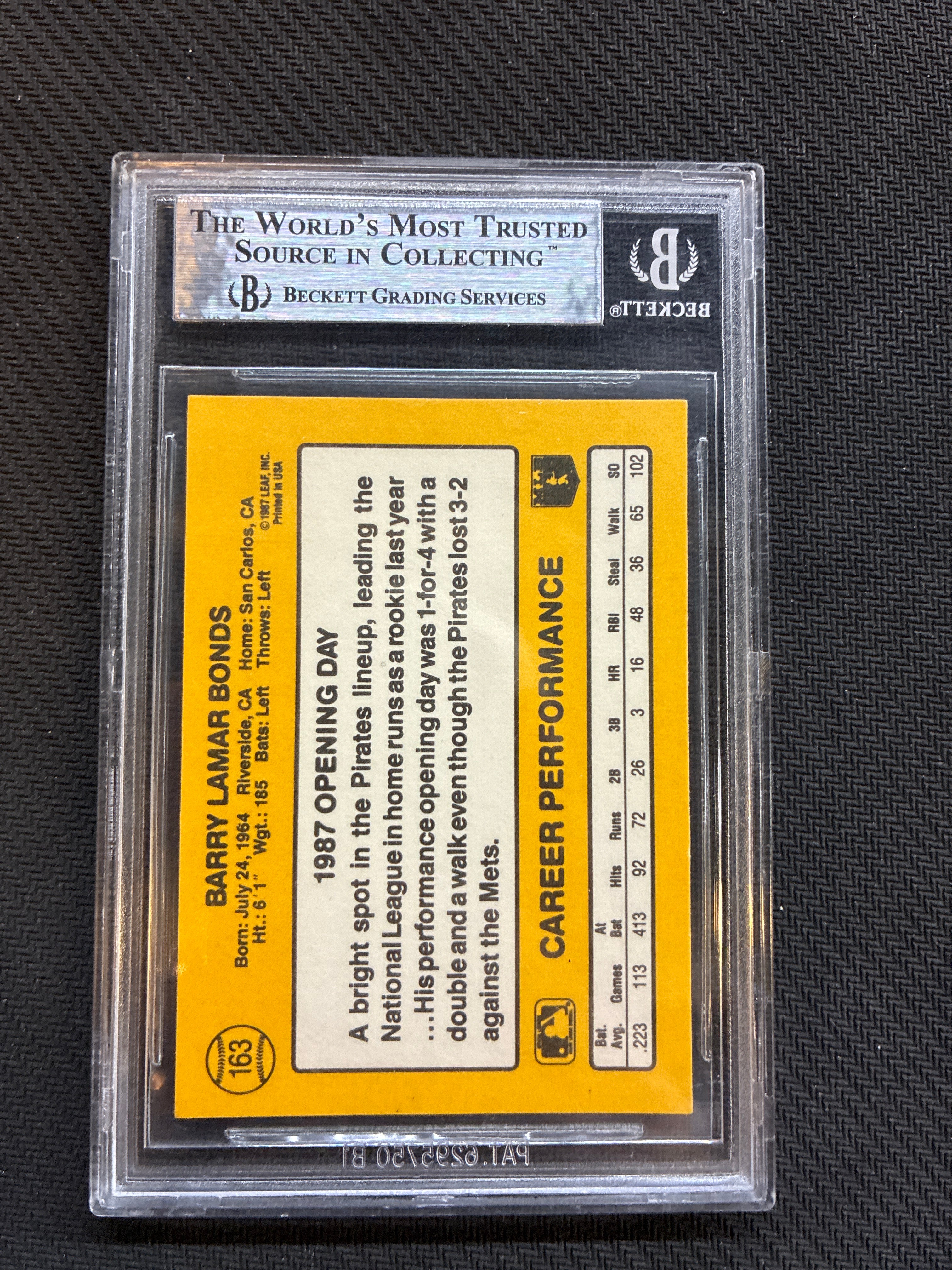1987 Donruss Opening Day Barry Bonds / Johnny Ray Error Card BGS 9 Pirates