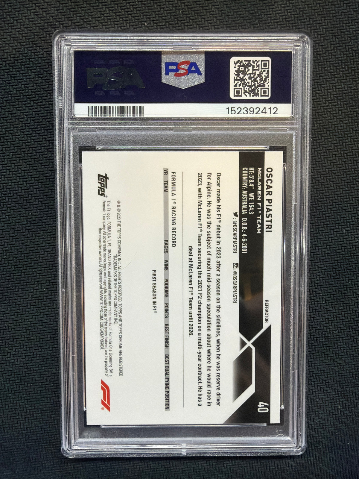 2023 Topps Chrome F1 Oscar Piastri Rookie Refractor #40 PSA 10 412