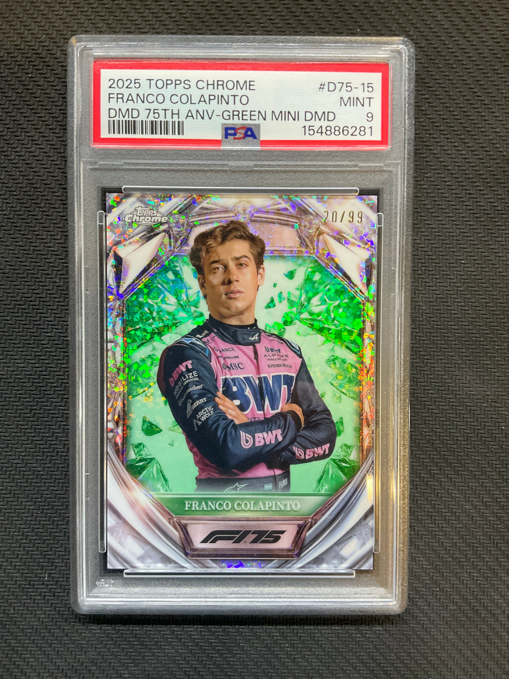 2025 Topps Chrome Franco Colapinto Diamond 75th Anniversary Green Mini Diamond /99 PSA 9