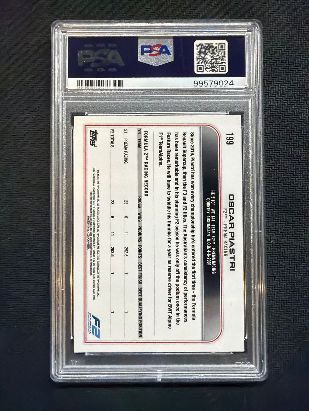 2020 Topps Chrome F1 Oscar Piastri Rookie SSP Image Variation #199 PSA 10 024