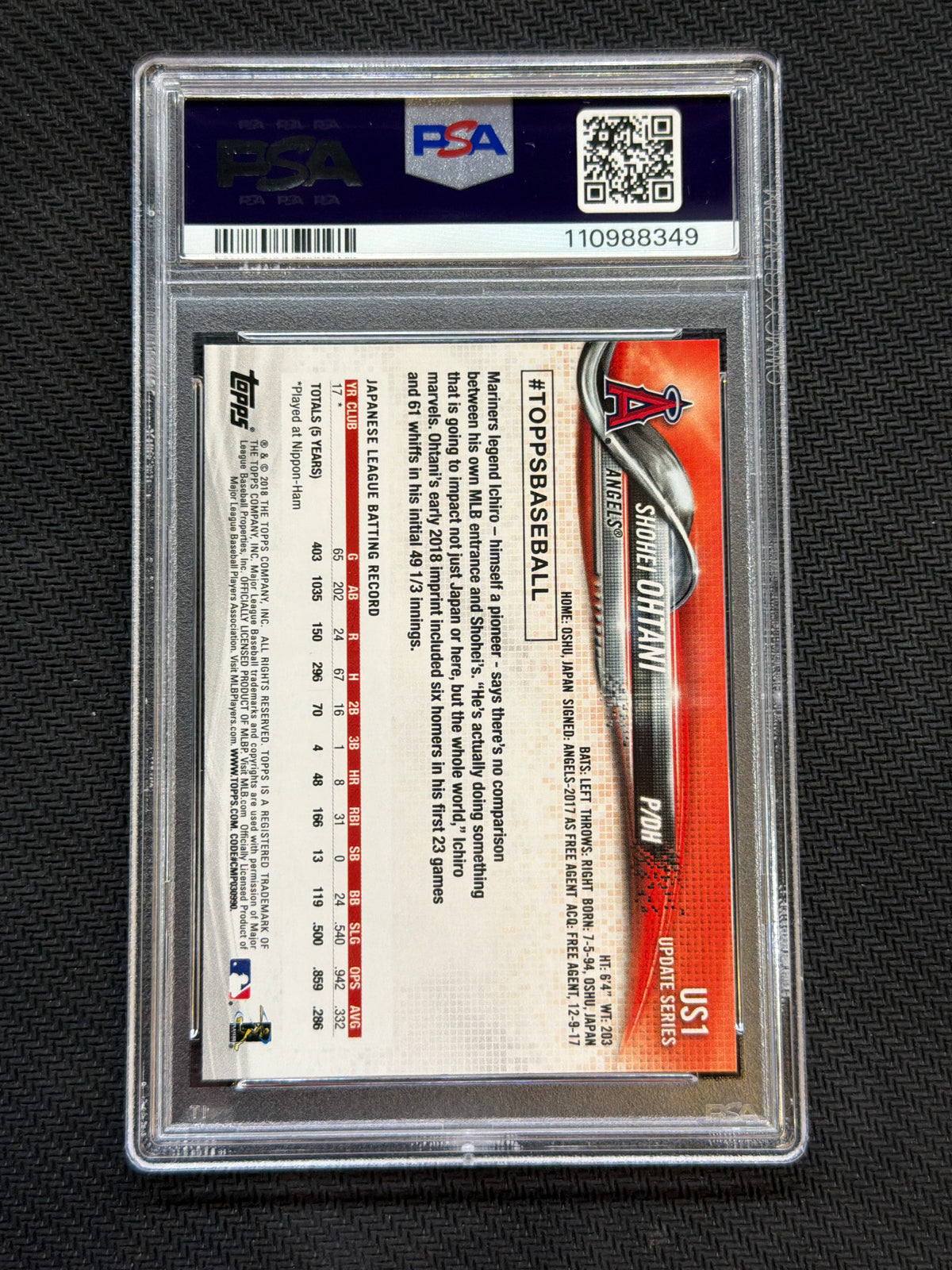 2018 Topps Update Shohei Ohtani #US1 Rookie PSA 10 349