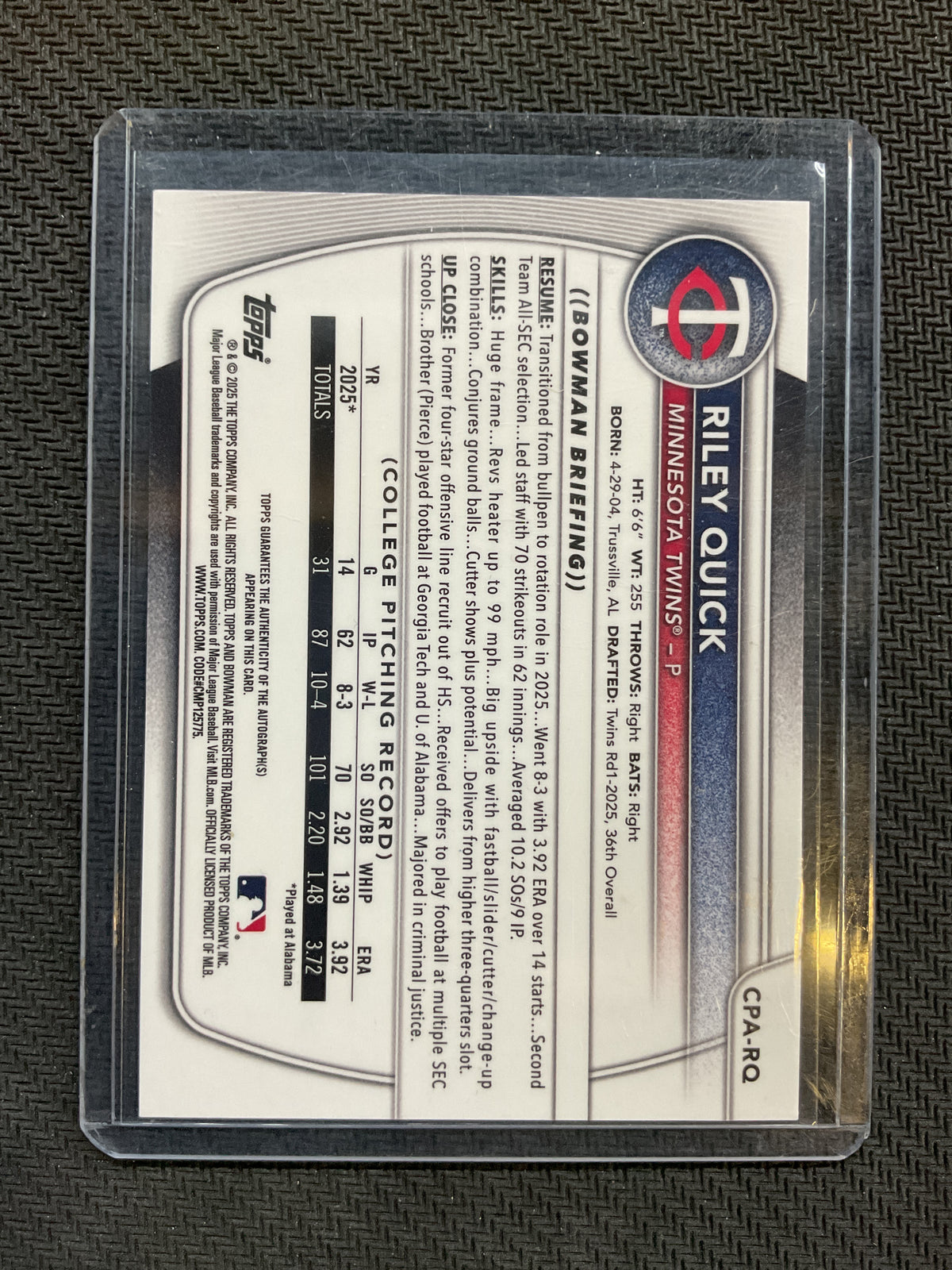 2025 Bowman Draft Riley Quick 1st Bowman Chrome Auto Twins