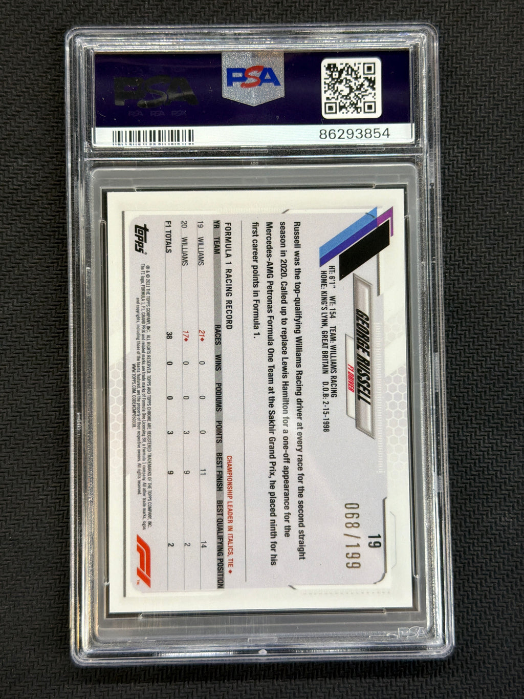 2021 Topps Chrome f1 Sapphire George Russell Chartreuse /199 PSA 10 854