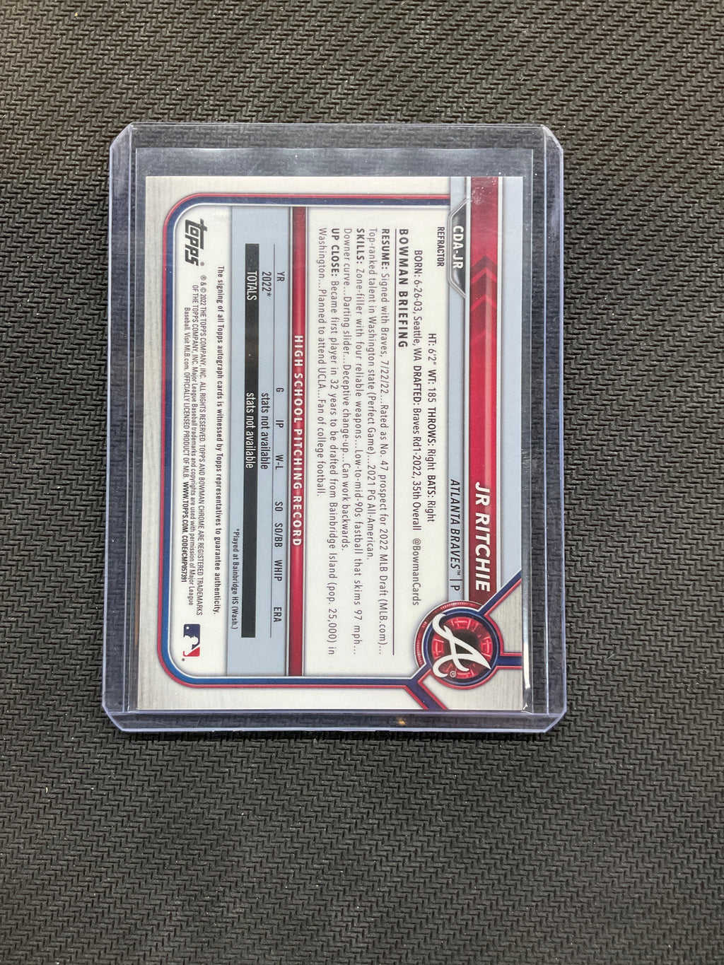 2022 Bowman JR Ritchie Rookie Auto /499 Braves
