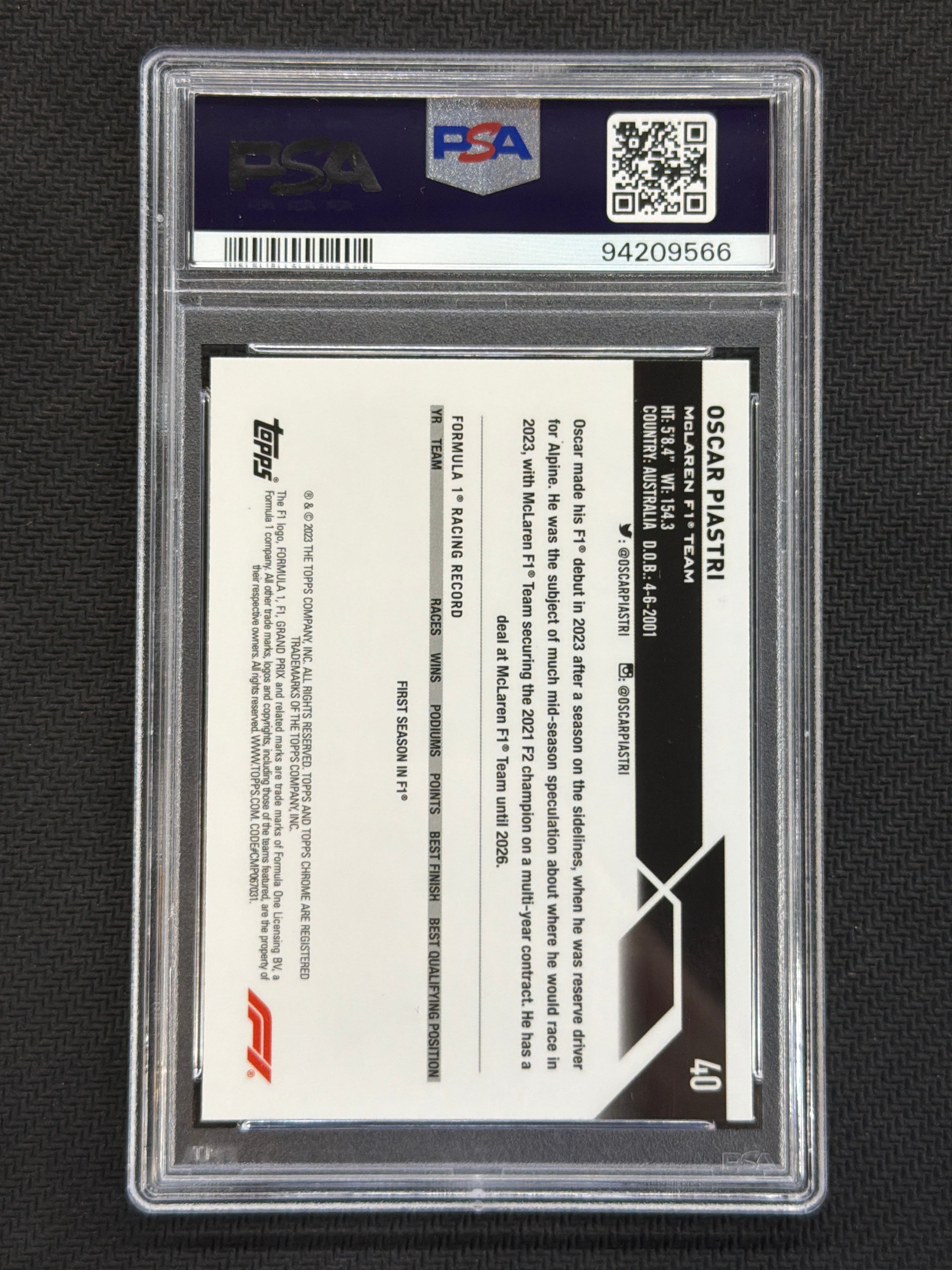 2023 Topps Chrome F1 Oscar Piastri Gold Purple #40 PSA 10 McLaren 566