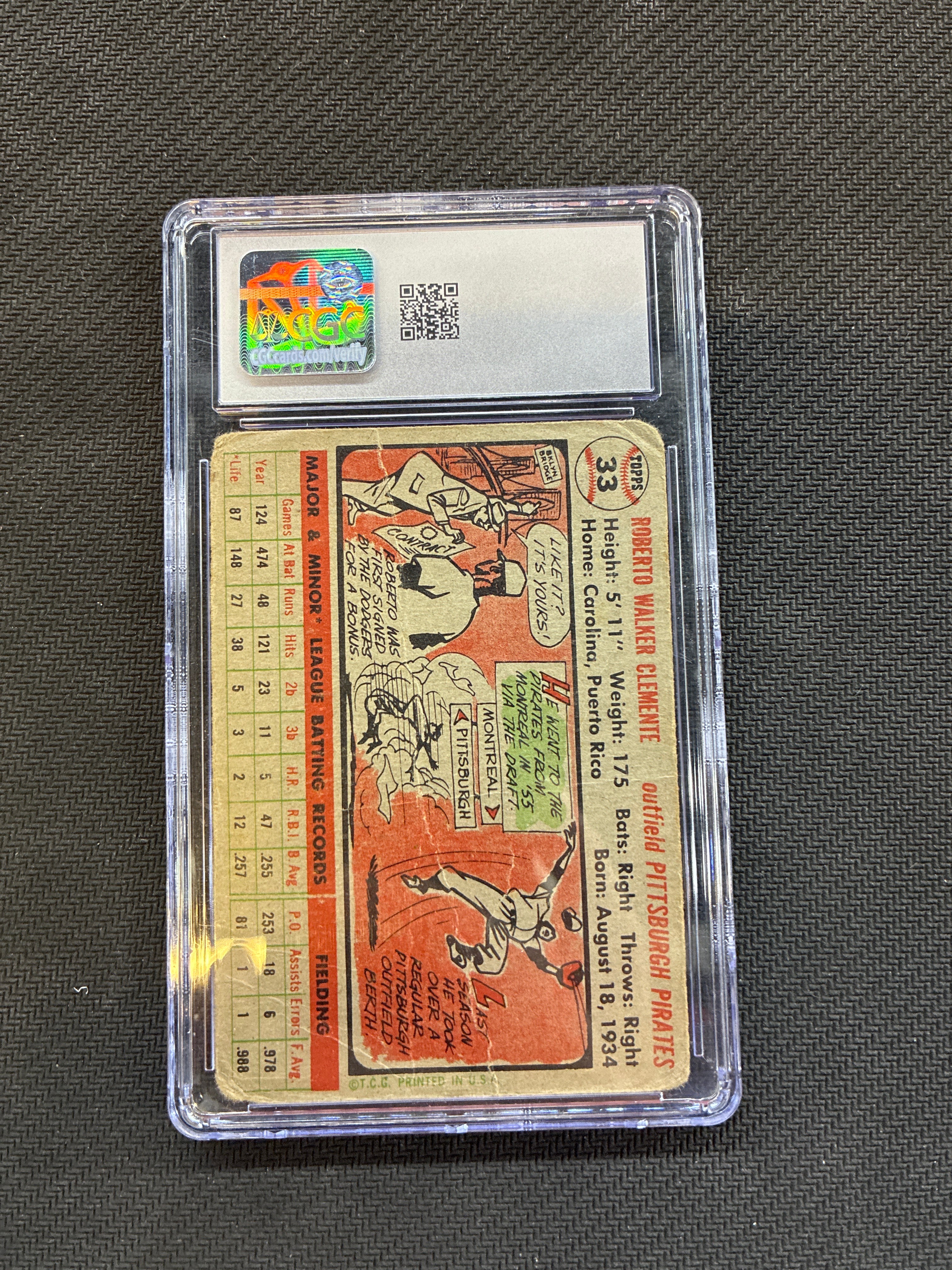1956 Topps Roberto Clemente Gray Back CGC 1 Pirates