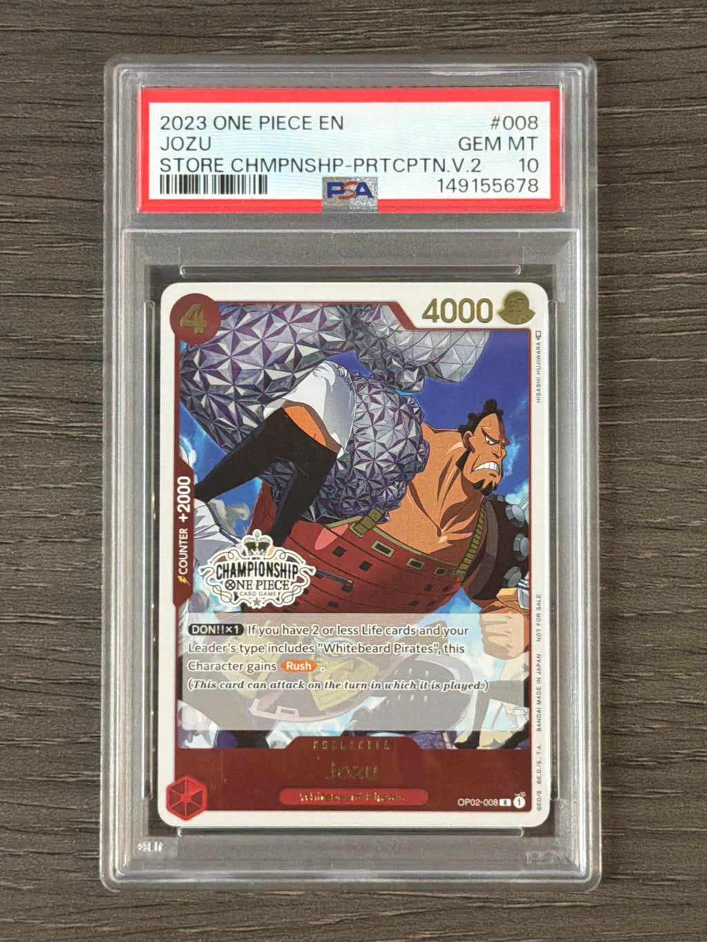 2023 ONE PIECE PROMOS 008 JOZU STORE CHAMPIONSHIP-PARTICIPATION VOL.2 PSA 10 678