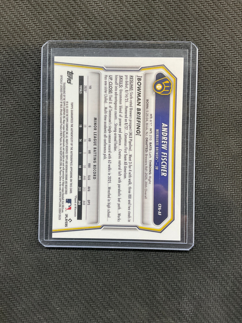 2026 Bowman Andrew Fischer Rookie 1st Auto Brewers
