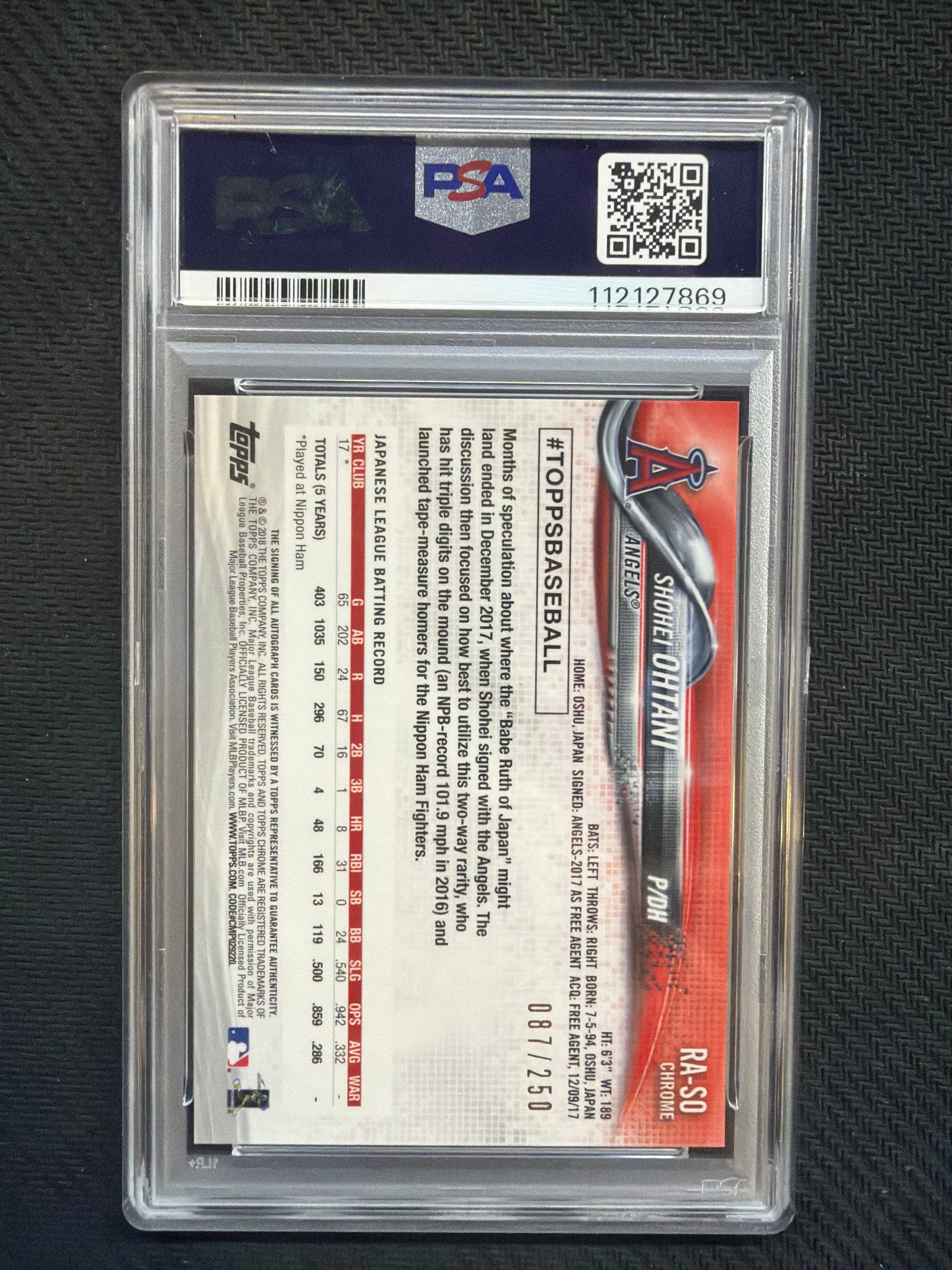 2018 Topps Chrome Shohei Ohtani Rookie Auto Purple Refractor /250 #RA-SO PSA 9 Auto 10 Angels