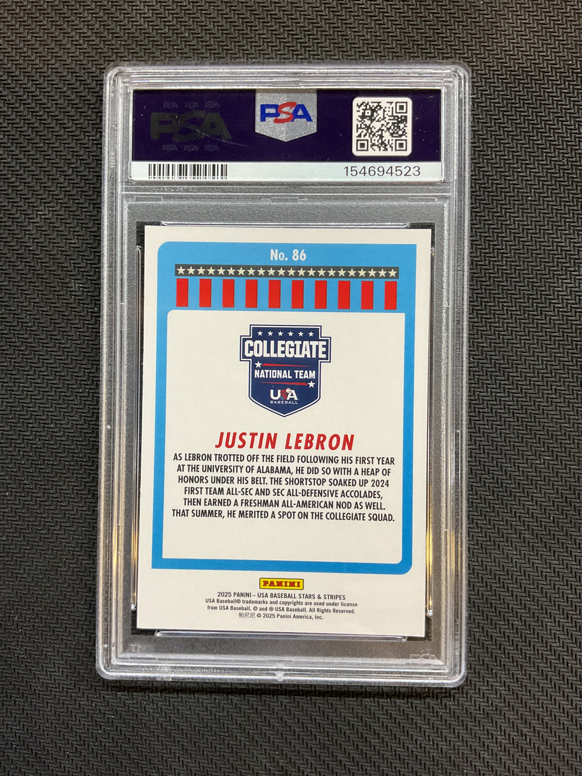 2025 Panini Stars & Stripes Justin LeBron Rookie PSA 8 523