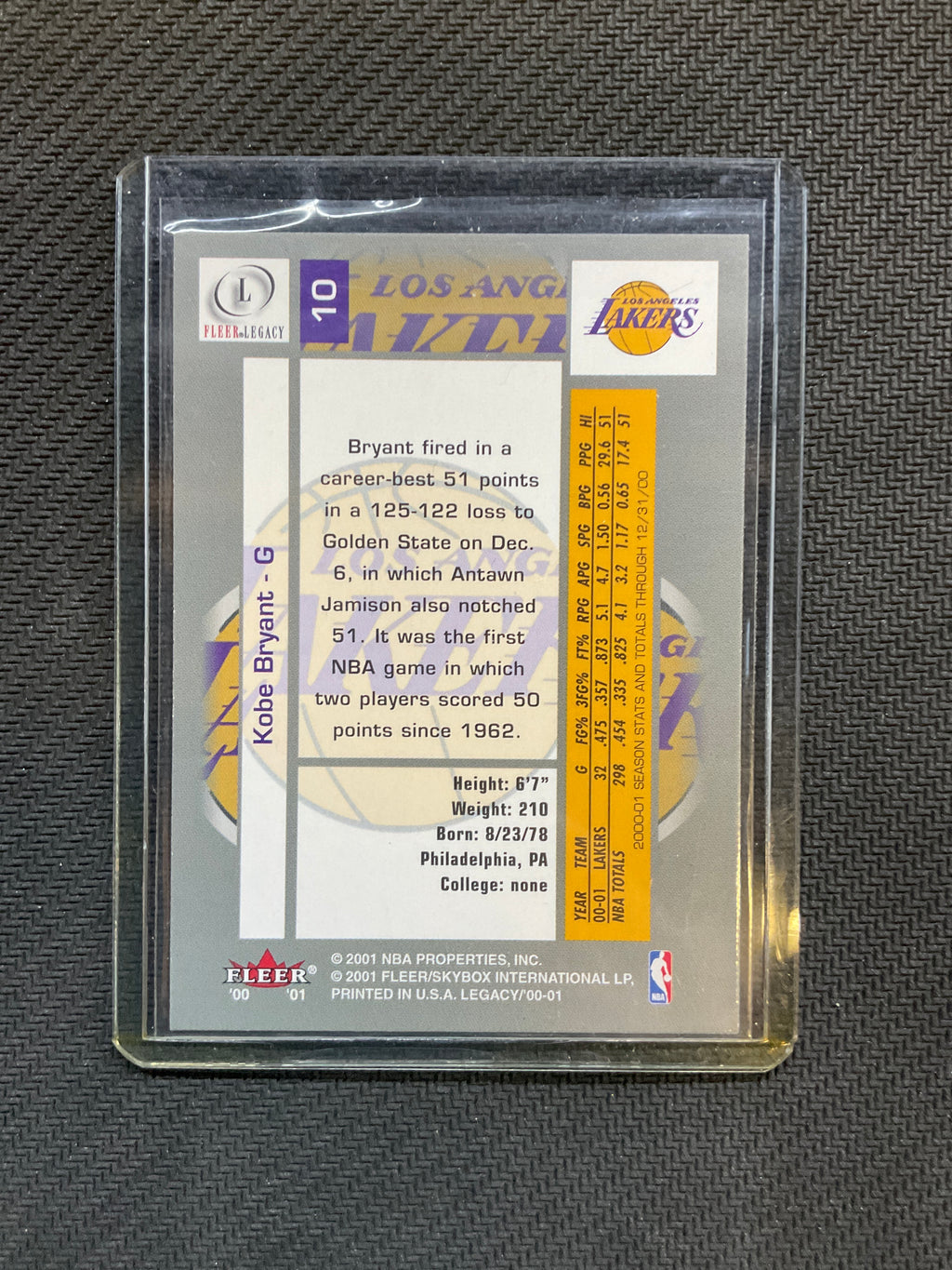 2001 Fleer Legacy Kobe Bryant #10 Lakers