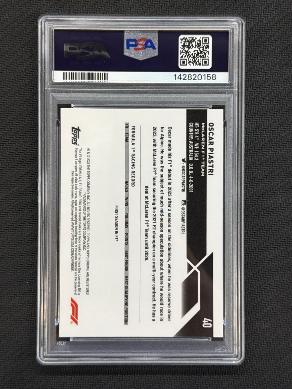 2023 Topps Chrome F1 Oscar Piastri Mini Diamond Rookie PSA 9 #40