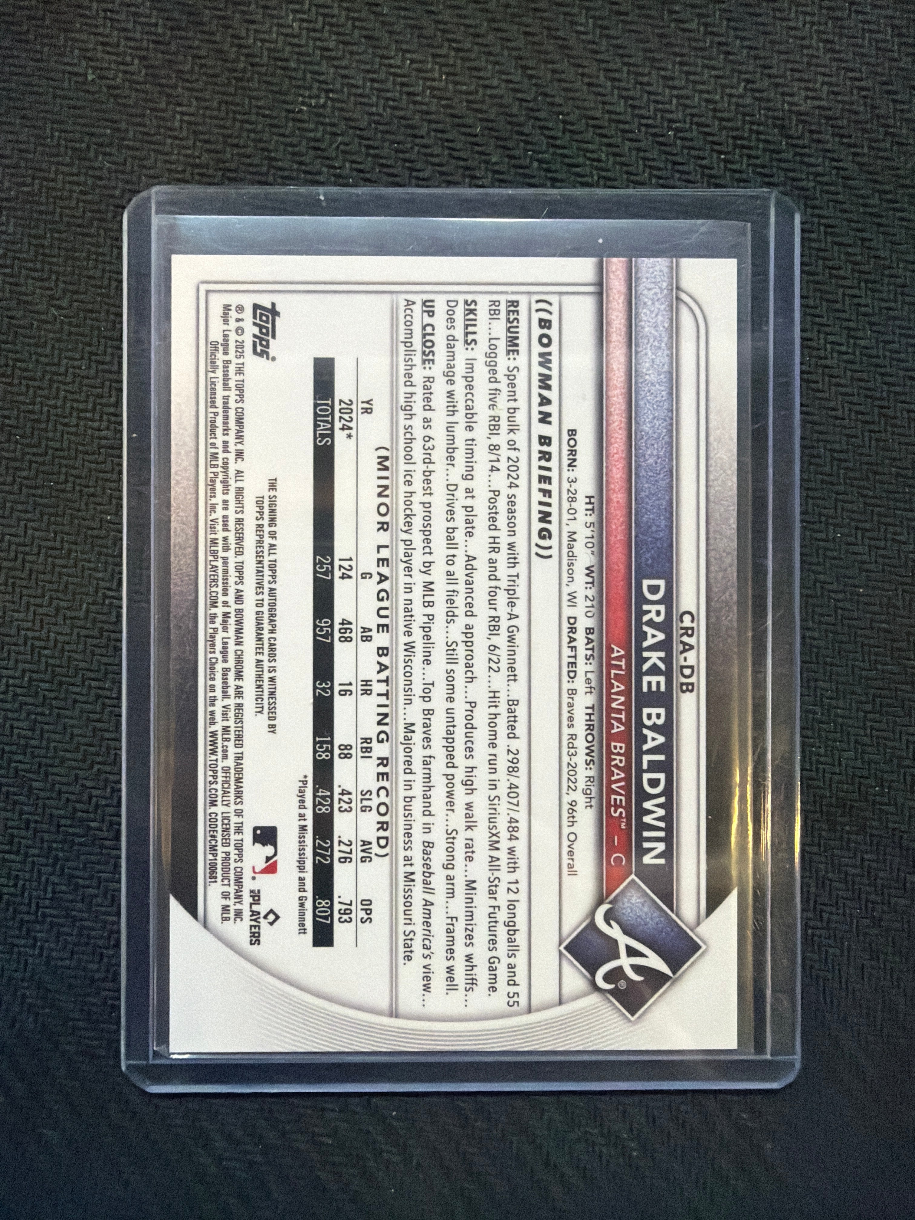 2025 Bowman Chrome Drake Baldwin Green Auto /99 Braves