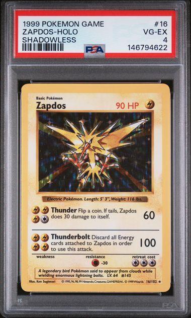 1999 Pokemon Shadowless Zapdos Holo 16 PSA 4