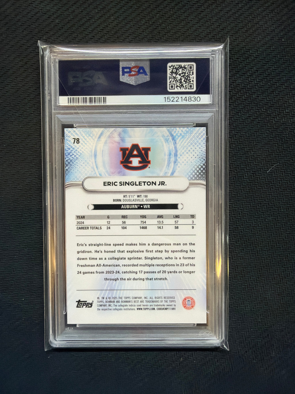 2025 Bowman Best University Eric Singleton Jr Aqua Lava /199 PSA 10 Auburn