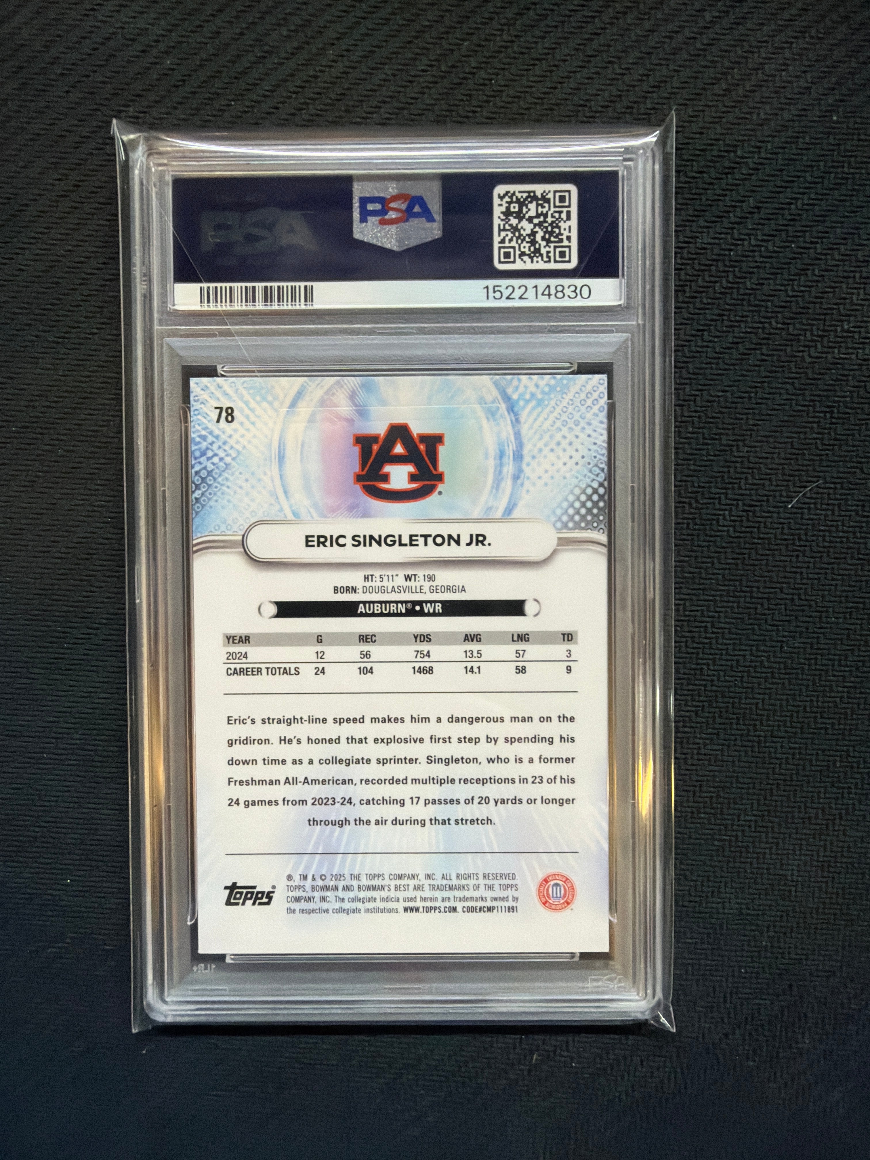2025 Bowman Best University Eric Singleton Jr Aqua Lava /199 PSA 10 Auburn