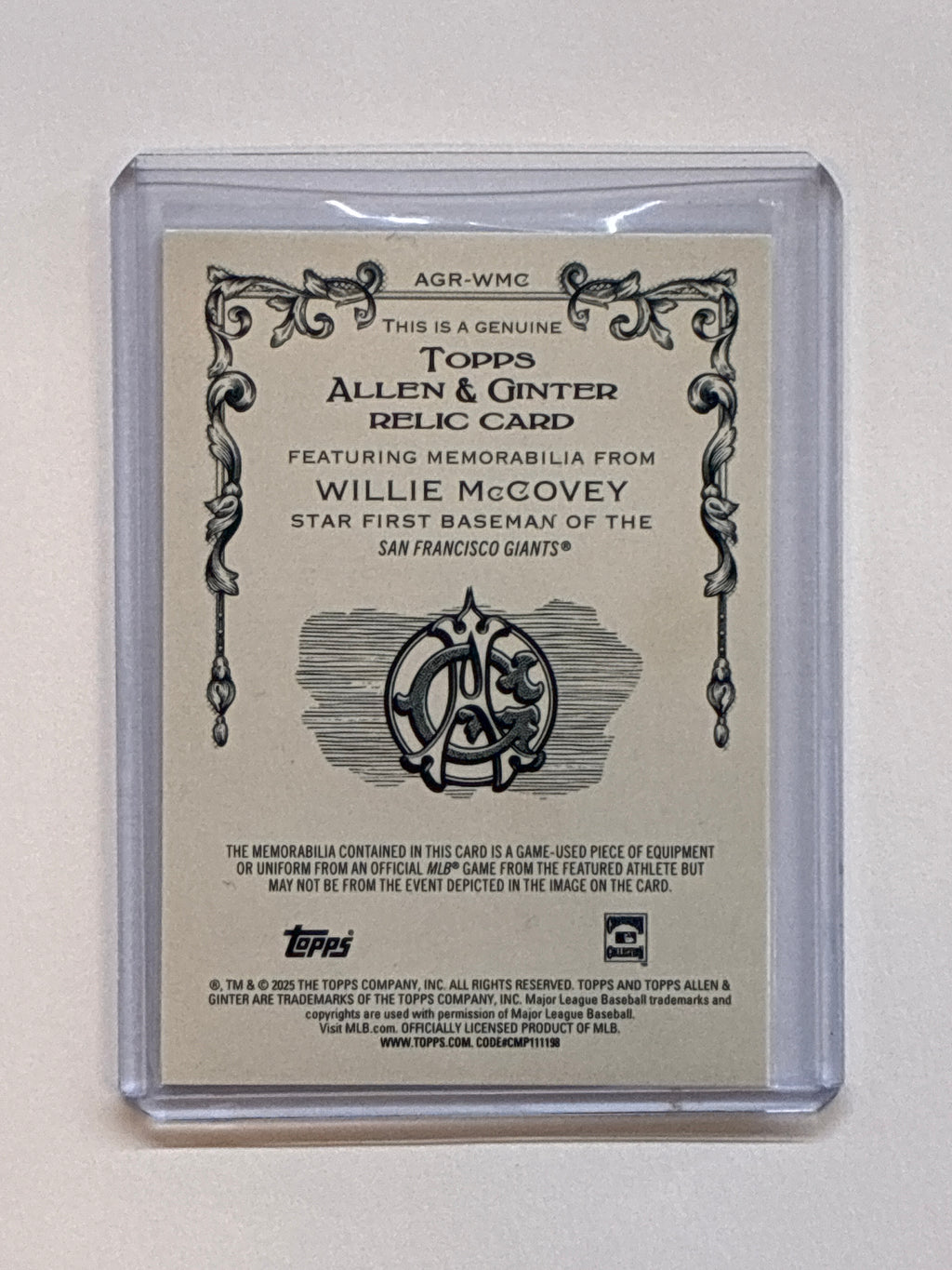 2025 Allen & Ginter Willie McCovey Black Refractor Patch /10 Giants